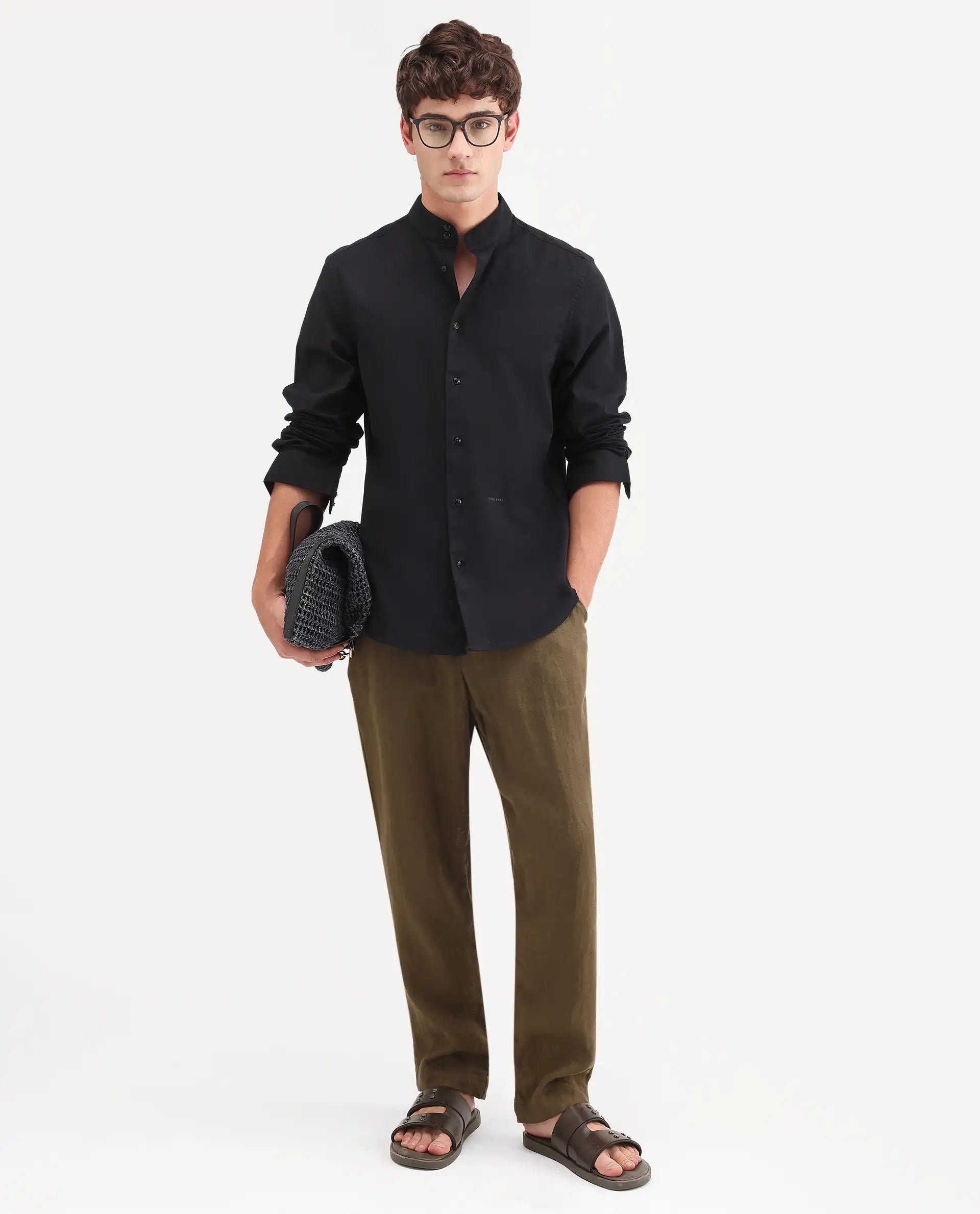 Rare Rabbit Men's Cadex Black Cotton Fabric Full Sleeve Mandarin Collar Regular Fit Plain Shirt