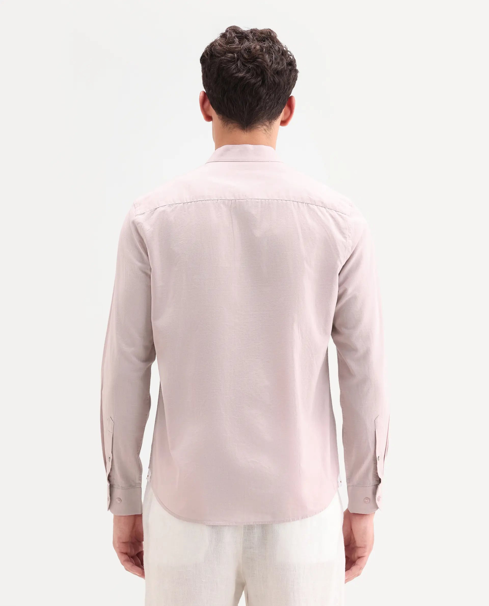 Rare Rabbit Men's Cadex Light Pink Cotton Fabric Full Sleeve Mandarin Collar Regular Fit Plain Shirt