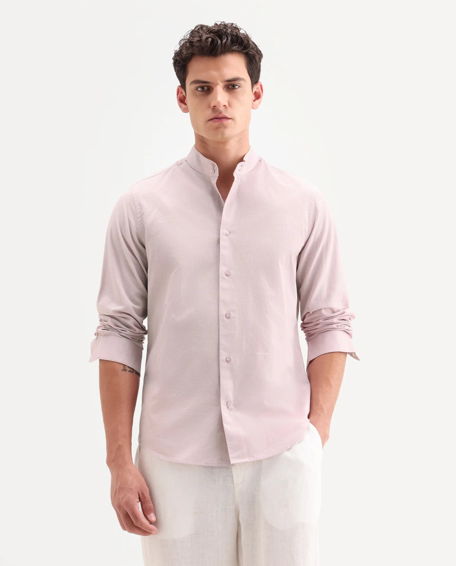 Rare Rabbit Men's Cadex Light Pink Cotton Fabric Full Sleeve Mandarin Collar Regular Fit Plain Shirt