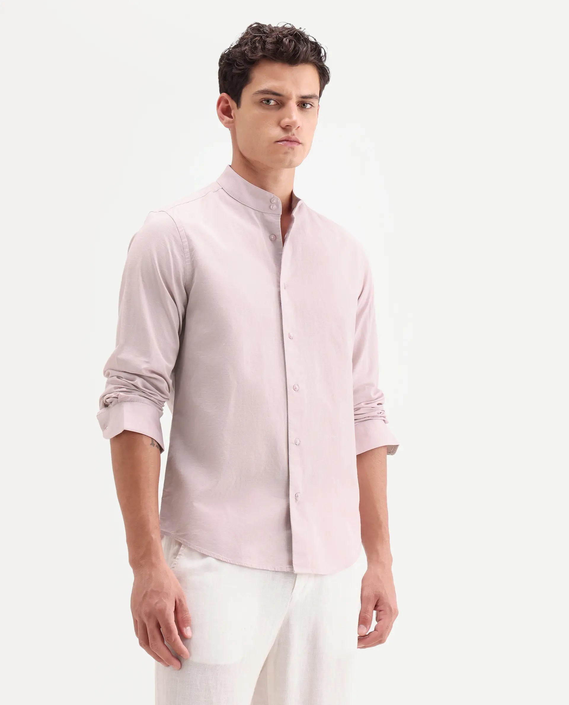 Rare Rabbit Men's Cadex Light Pink Cotton Fabric Full Sleeve Mandarin Collar Regular Fit Plain Shirt
