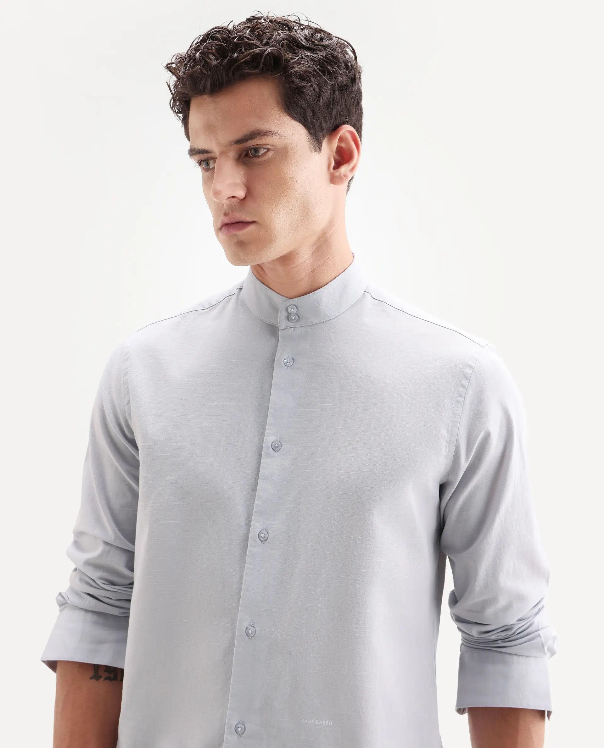 Rare Rabbit Men's Cadex Light Purple Cotton Fabric Full Sleeve Mandarin Collar Regular Fit Plain Shirt
