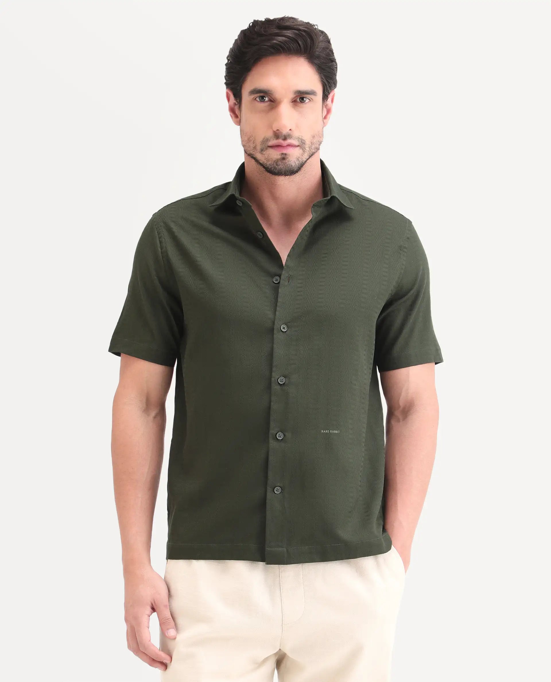 Rare Rabbit Men's Parker Dark Green Cotton Fabric Half Sleeve Regular Fit Striped Shirt