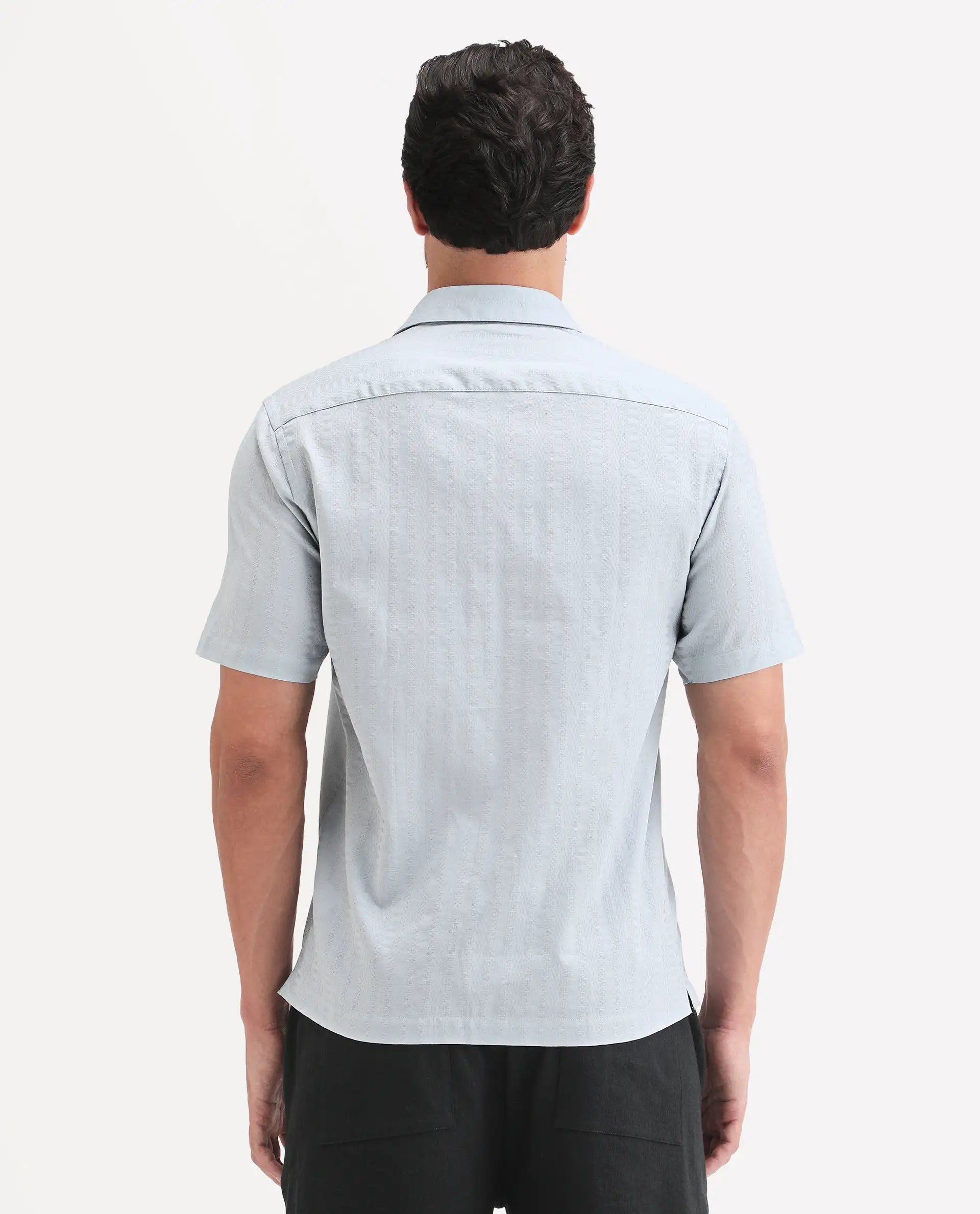 Rare Rabbit Men's Parker Light Blue Cotton Fabric Half Sleeve Regular Fit Striped Shirt
