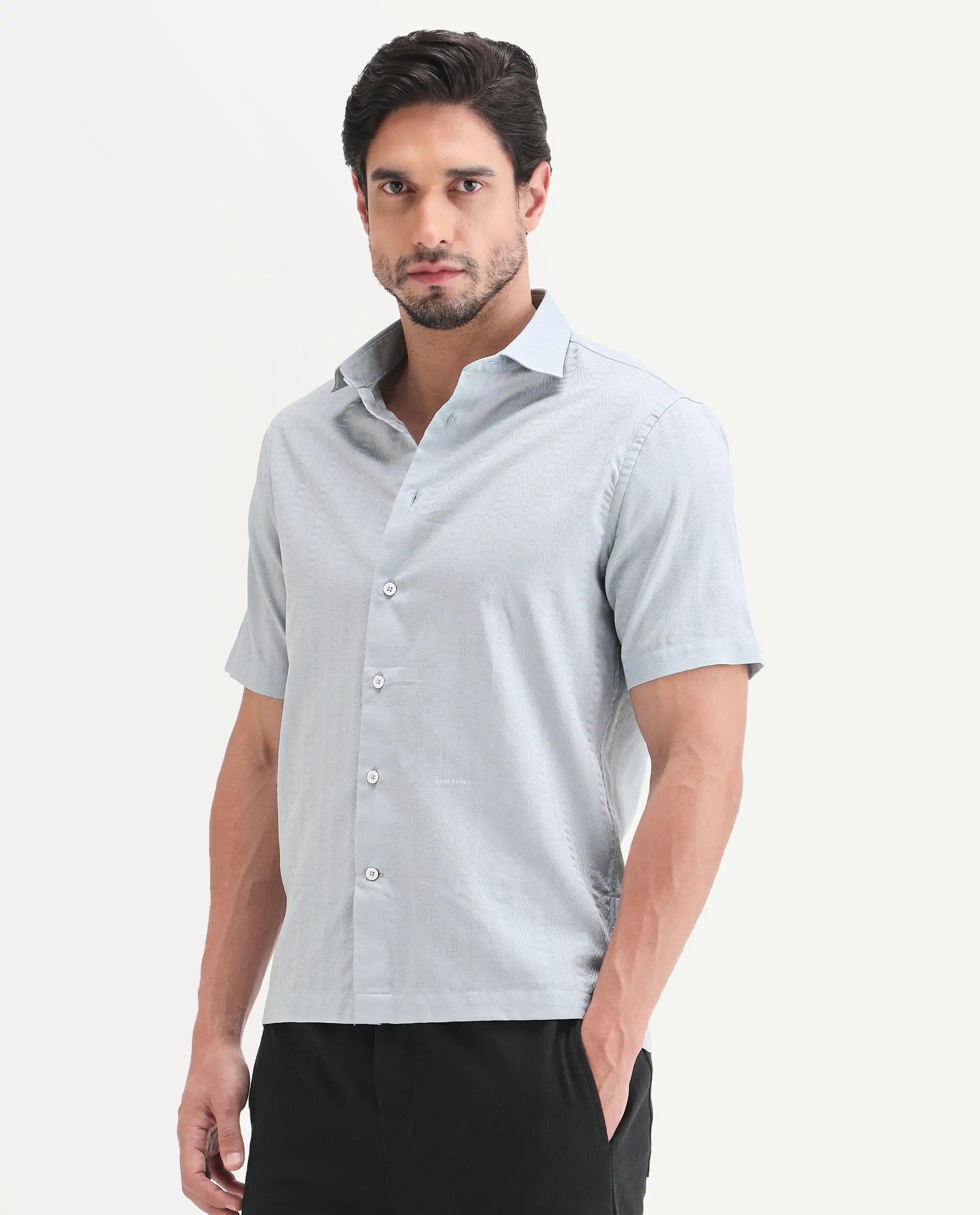Rare Rabbit Men's Parker Light Blue Cotton Fabric Half Sleeve Regular Fit Striped Shirt