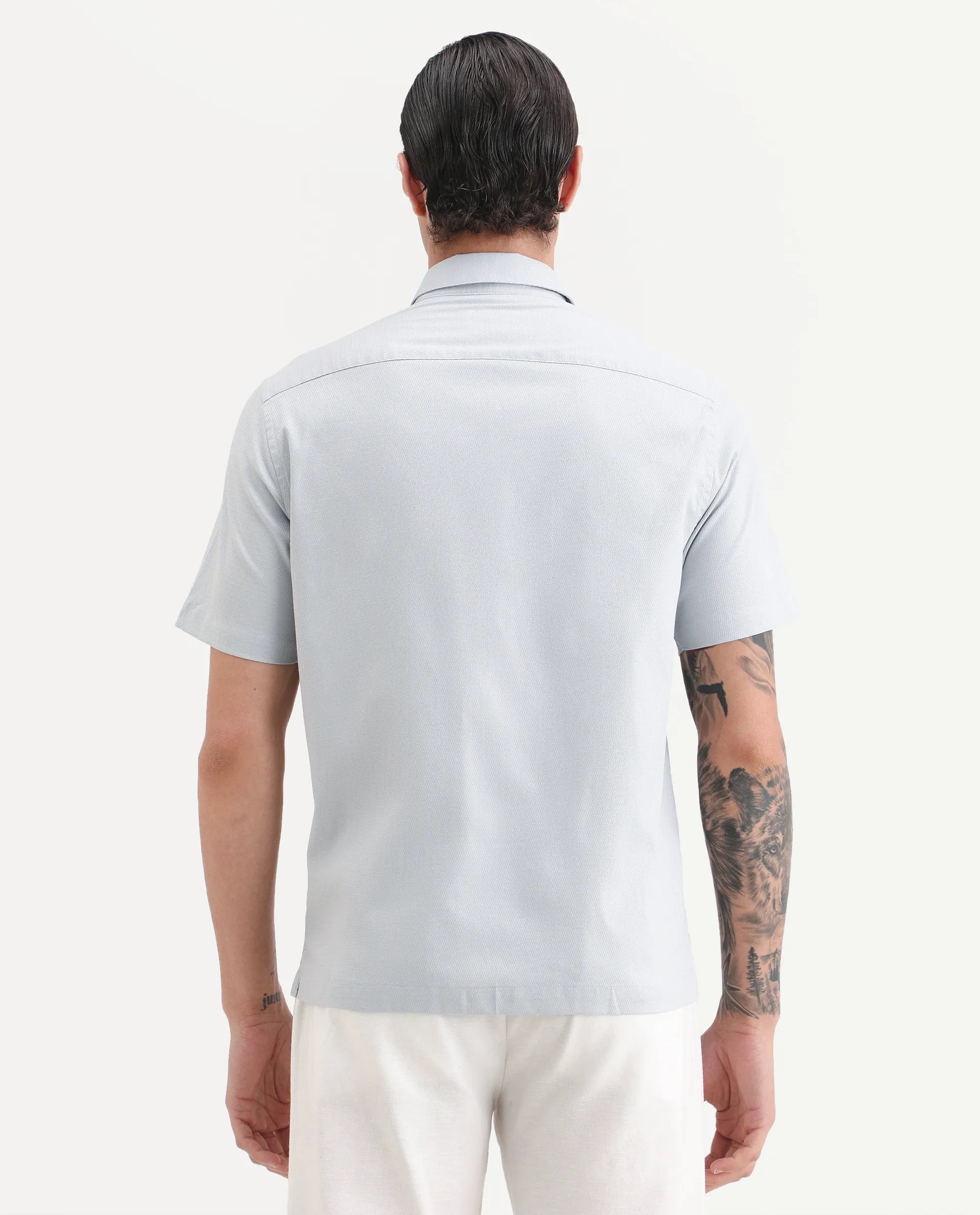 Rare Rabbit Men's Garah Light Grey Cotton Blend Fabric Half Sleeve Regular Fit Shirt