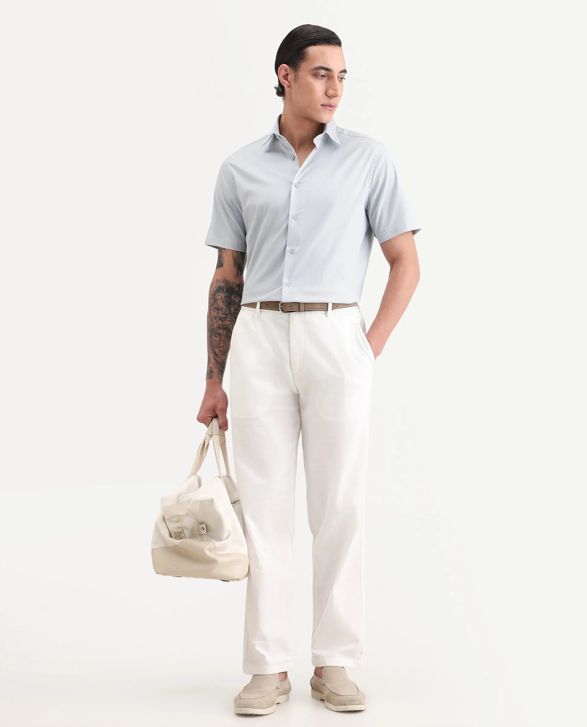 Rare Rabbit Men's Garah Light Grey Cotton Blend Fabric Half Sleeve Regular Fit Shirt