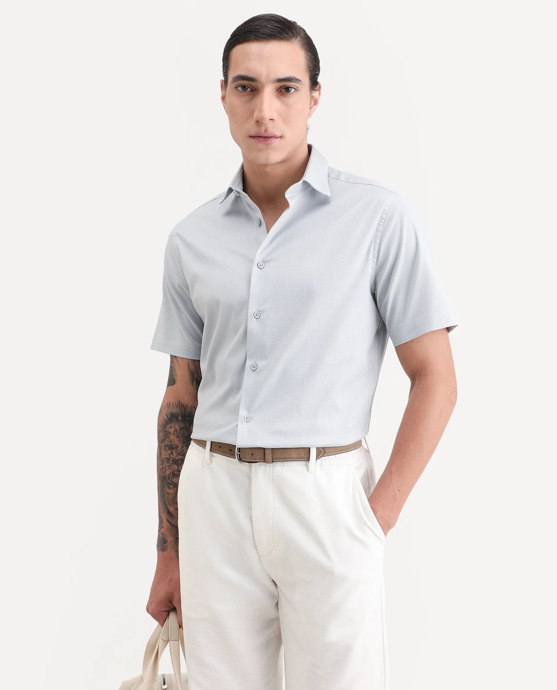 Rare Rabbit Men's Garah Light Grey Cotton Blend Fabric Half Sleeve Regular Fit Shirt