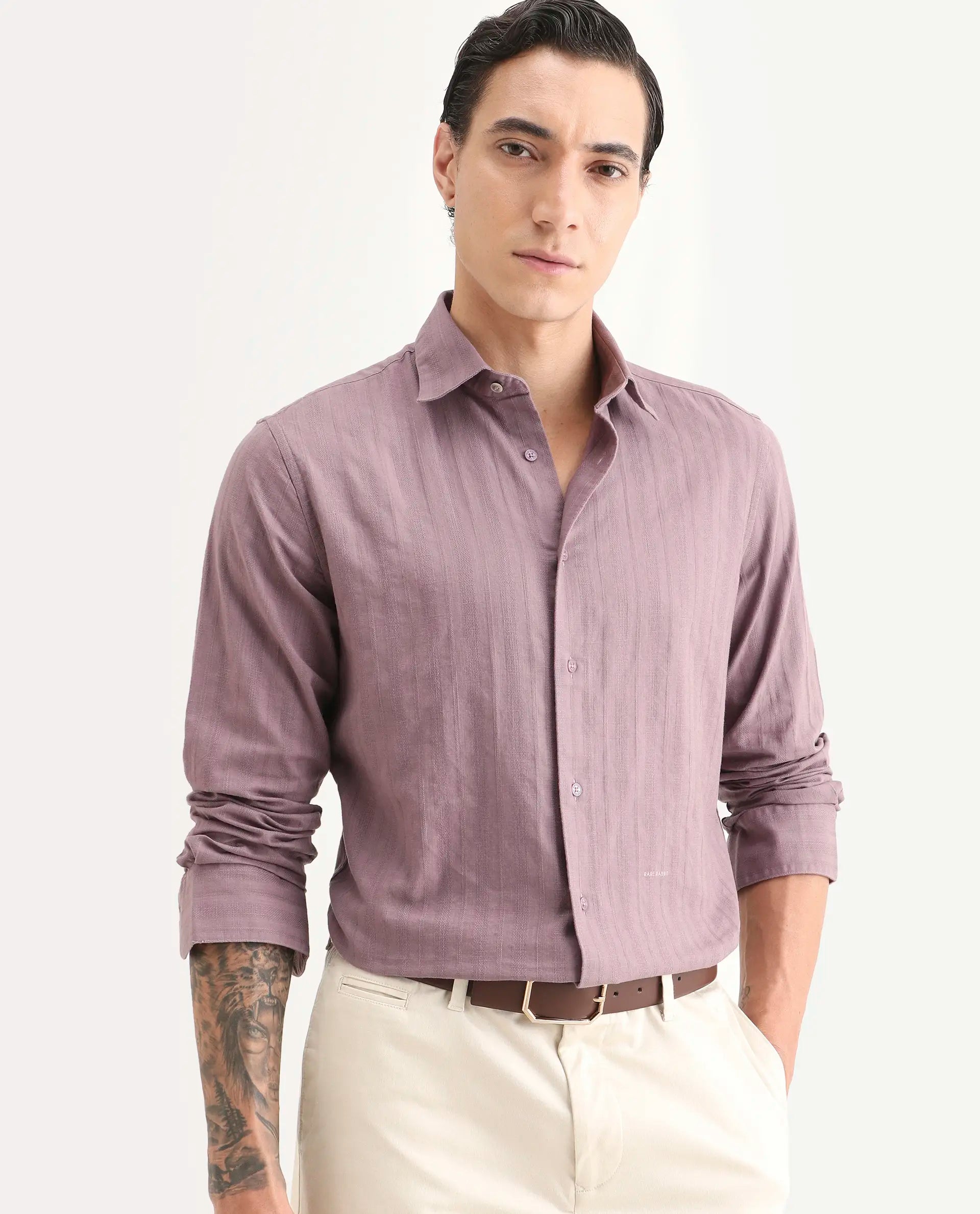 Rare Rabbit Men's Laver Dusky Pink Cotton Fabric Full Sleeve Regular Fit Textured Shirt