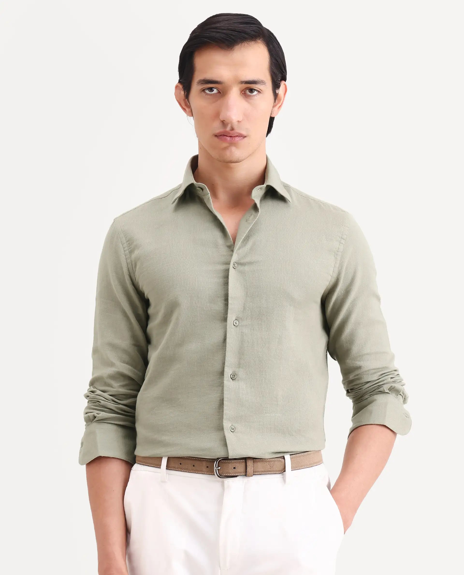 Rare Rabbit Men's Raxo Dusky Green Cotton Fabric Full Sleeve Regular Fit Shirt