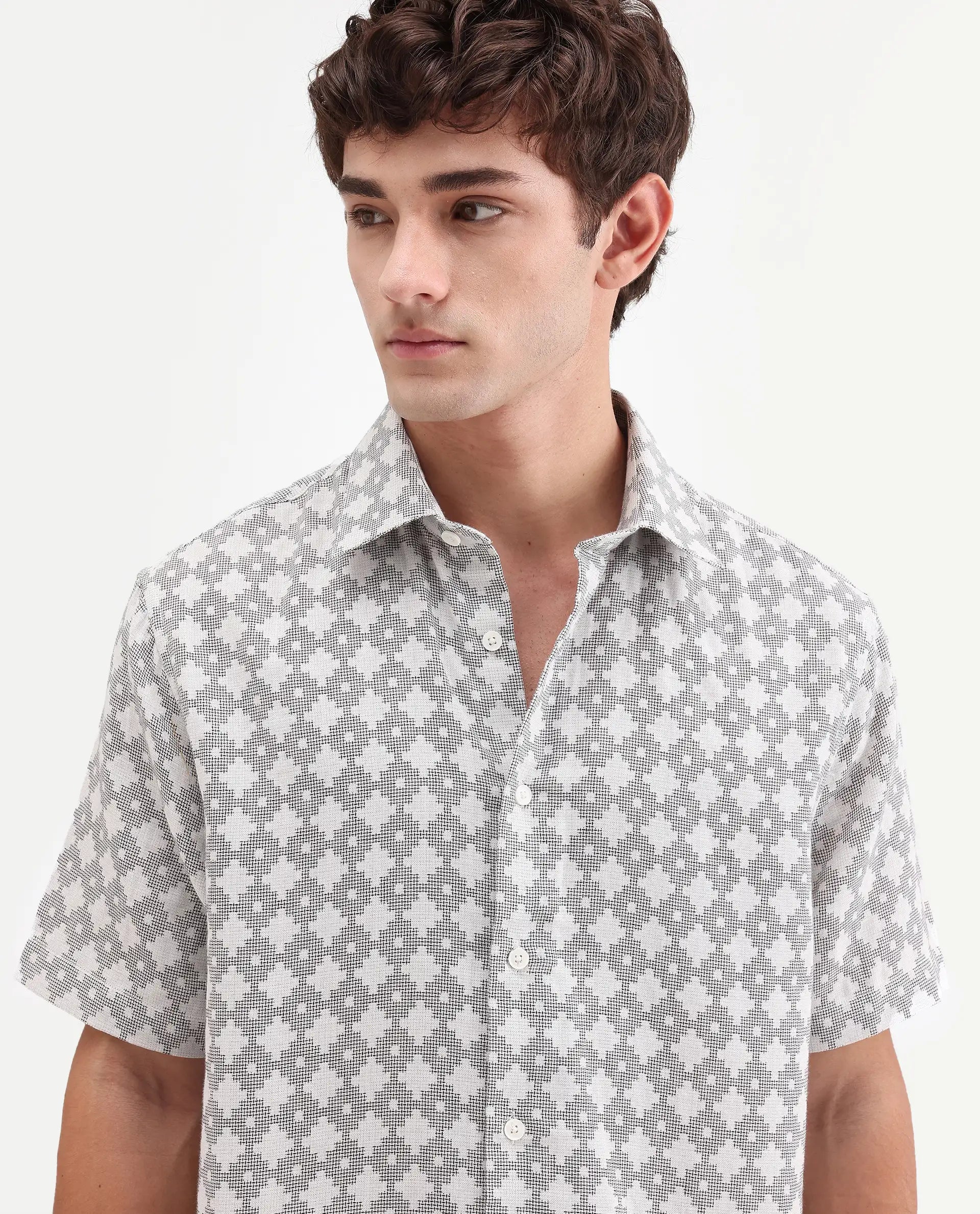 Rare Rabbit Men's Rance Off White Cotton Fabric Half Sleeve Regular Fit Geometric Print Shirt