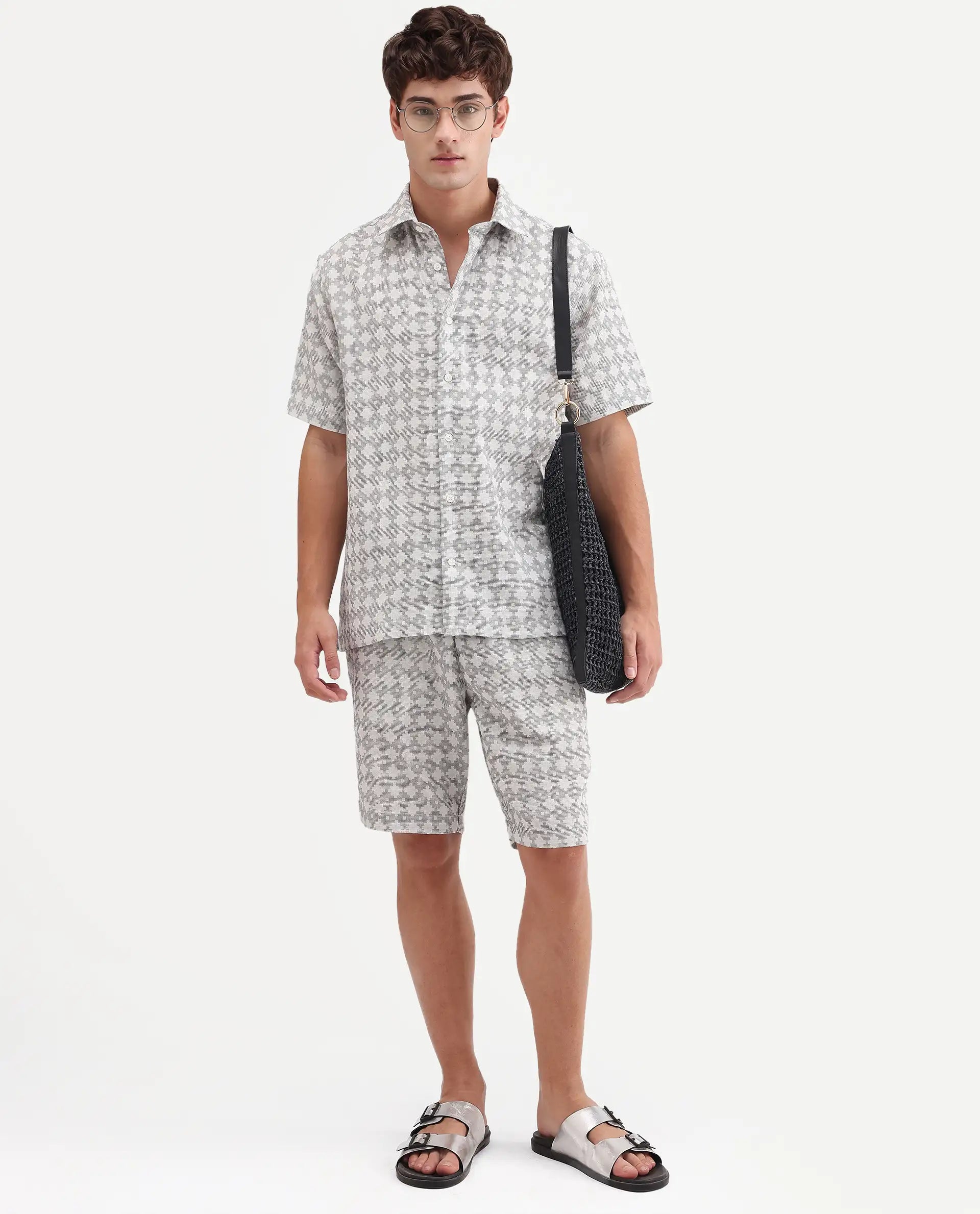 Rare Rabbit Men's Rance Off White Cotton Fabric Half Sleeve Regular Fit Geometric Print Shirt
