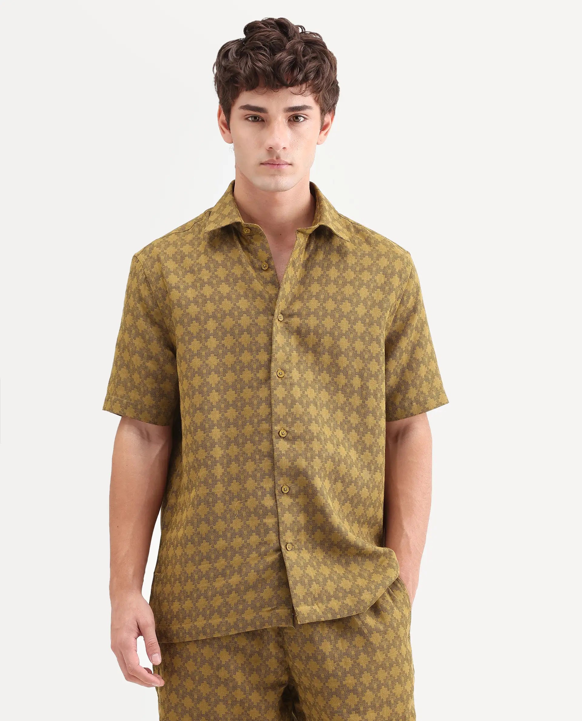 Rare Rabbit Men's Rance Mustard Cotton Fabric Half Sleeve Regular Fit Geometric Print Shirt