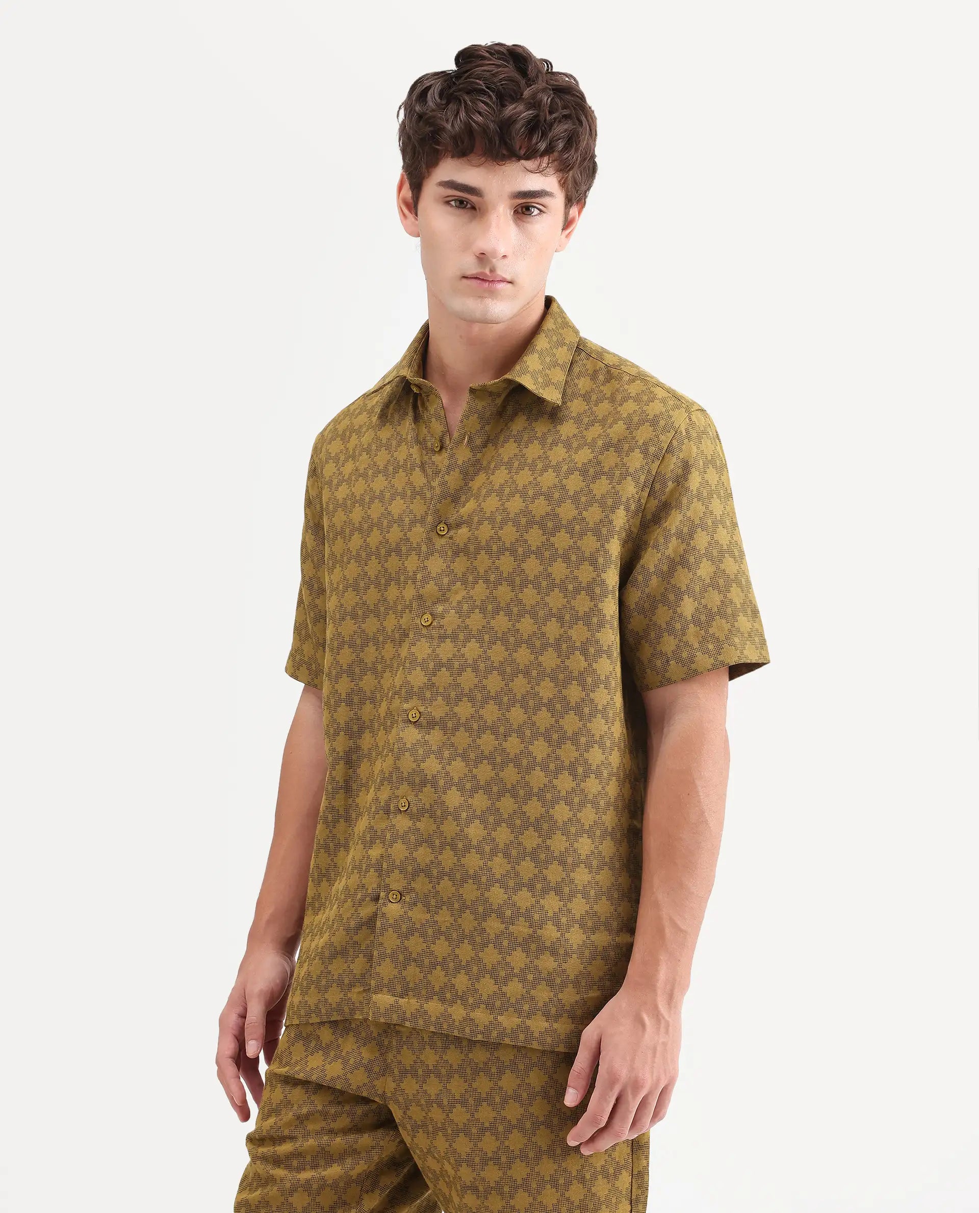 Rare Rabbit Men's Rance Mustard Cotton Fabric Half Sleeve Regular Fit Geometric Print Shirt