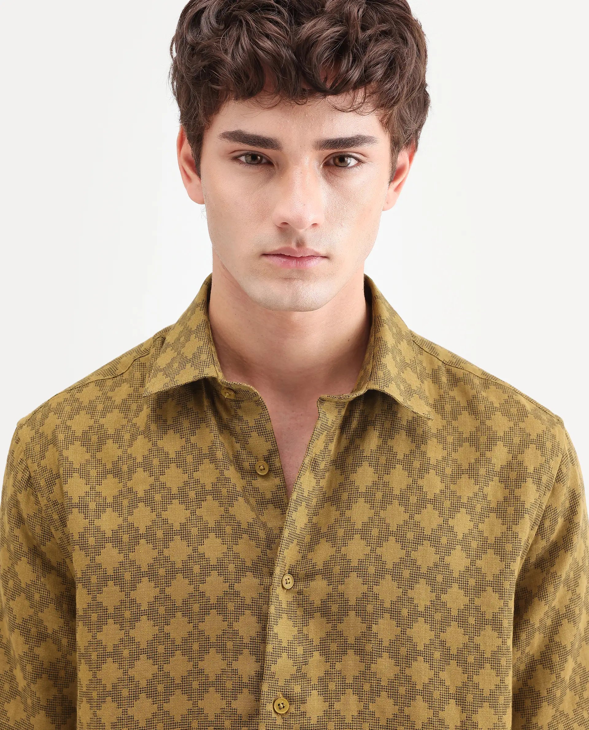 Rare Rabbit Men's Rance Mustard Cotton Fabric Half Sleeve Regular Fit Geometric Print Shirt