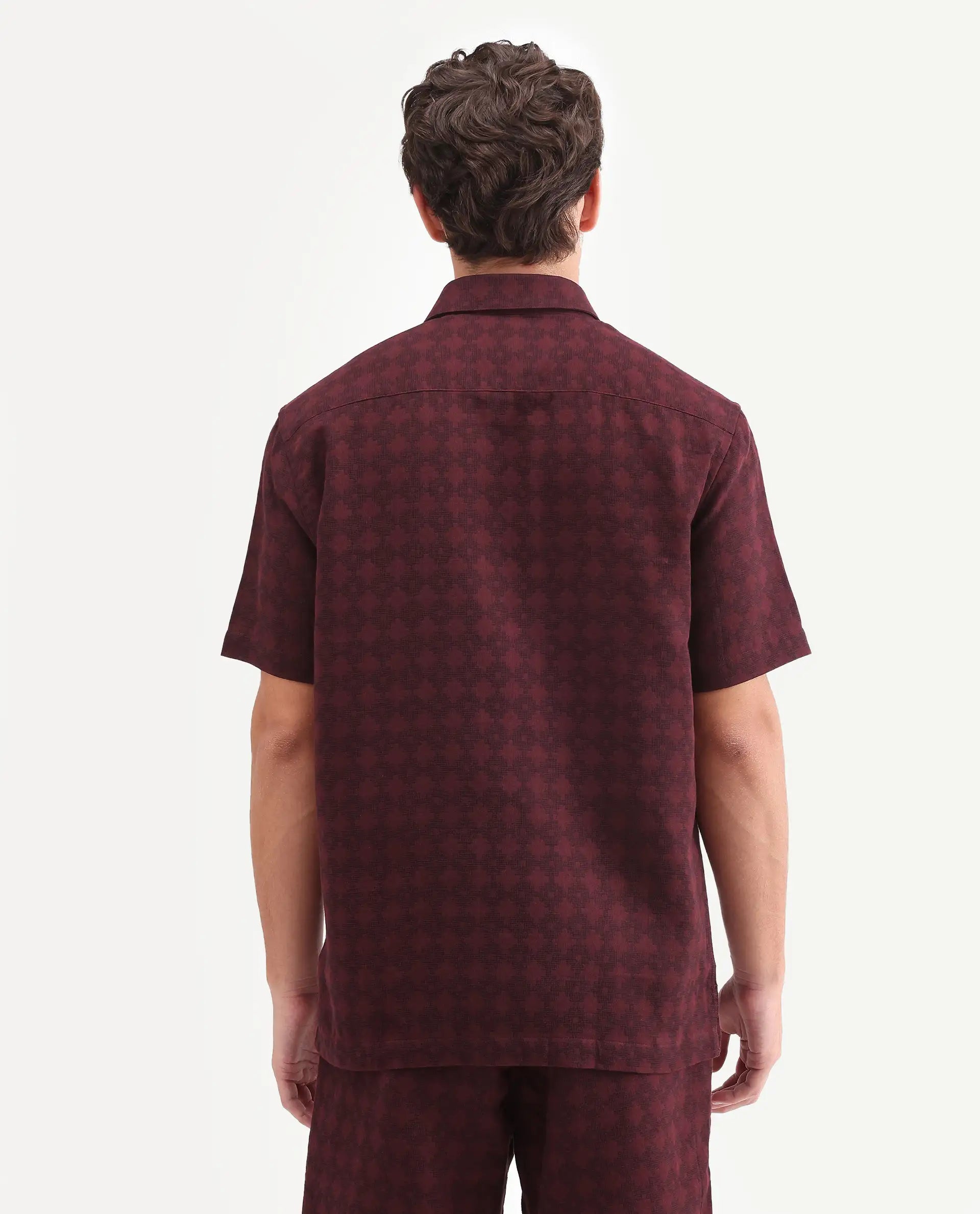 Rare Rabbit Men's Rance Dark Red Cotton Fabric Half Sleeve Regular Fit Geometric Print Shirt