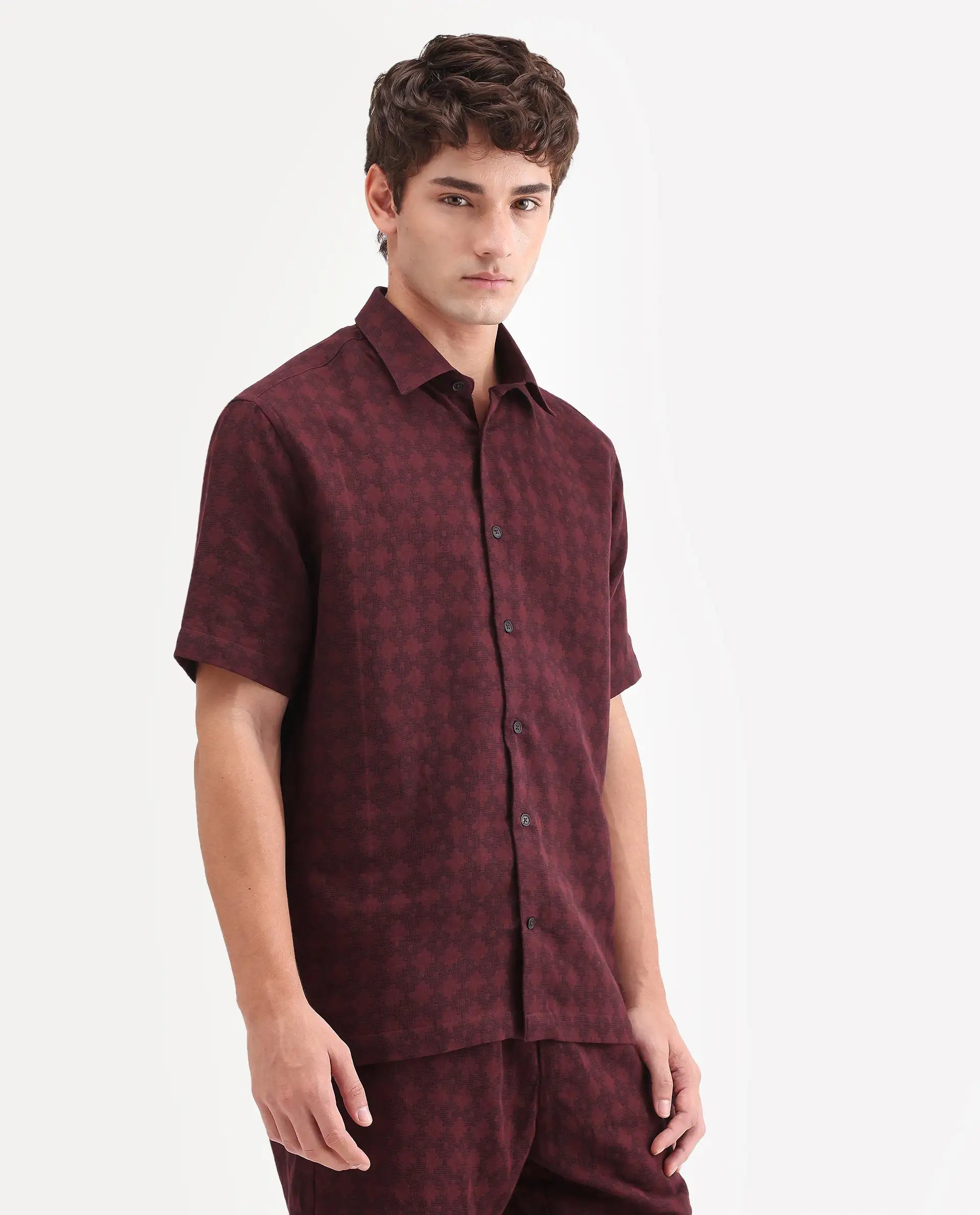 Rare Rabbit Men's Rance Dark Red Cotton Fabric Half Sleeve Regular Fit Geometric Print Shirt
