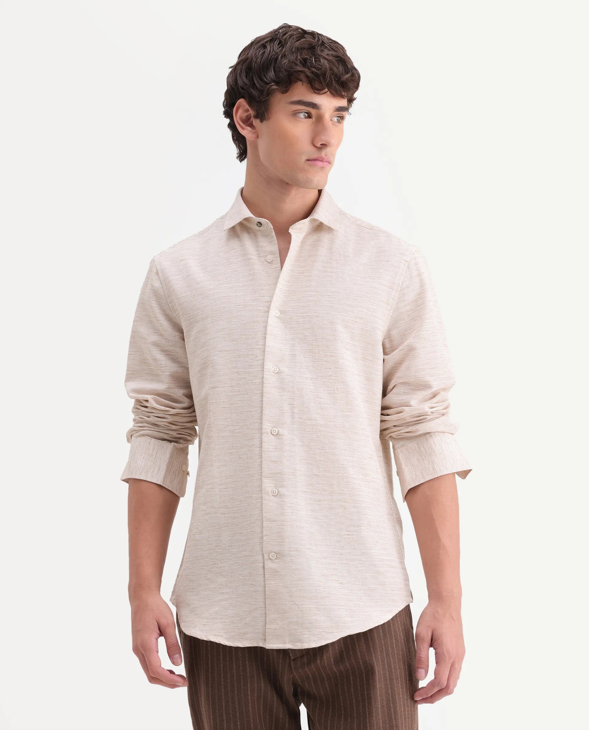 Rare Rabbit Men's Frit Beige Linen Blend Fabric Full Sleeve Regular Fit Textured Shirt