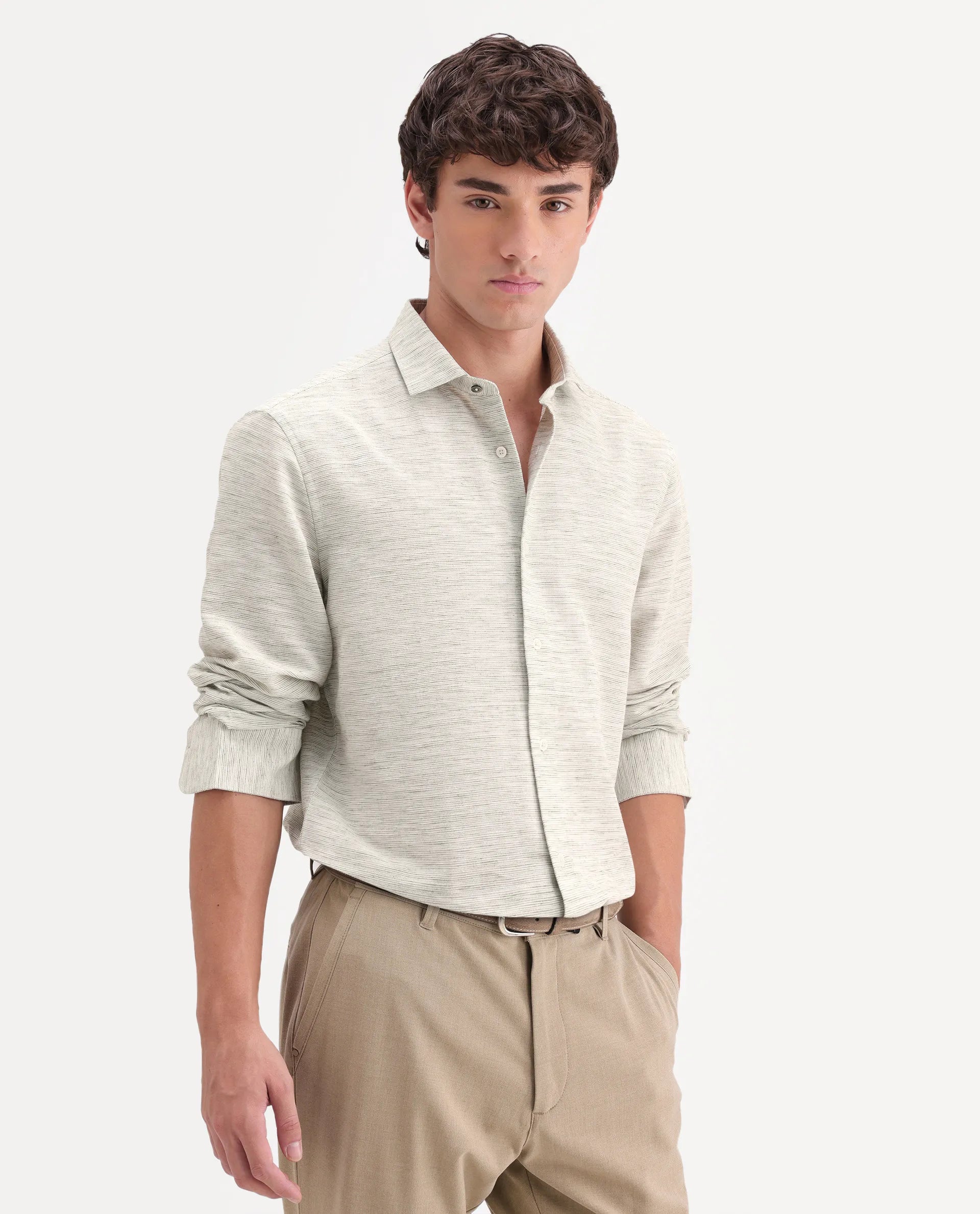 Rare Rabbit Men's Frit Dusky Green Linen Blend Fabric Full Sleeve Regular Fit Textured Shirt