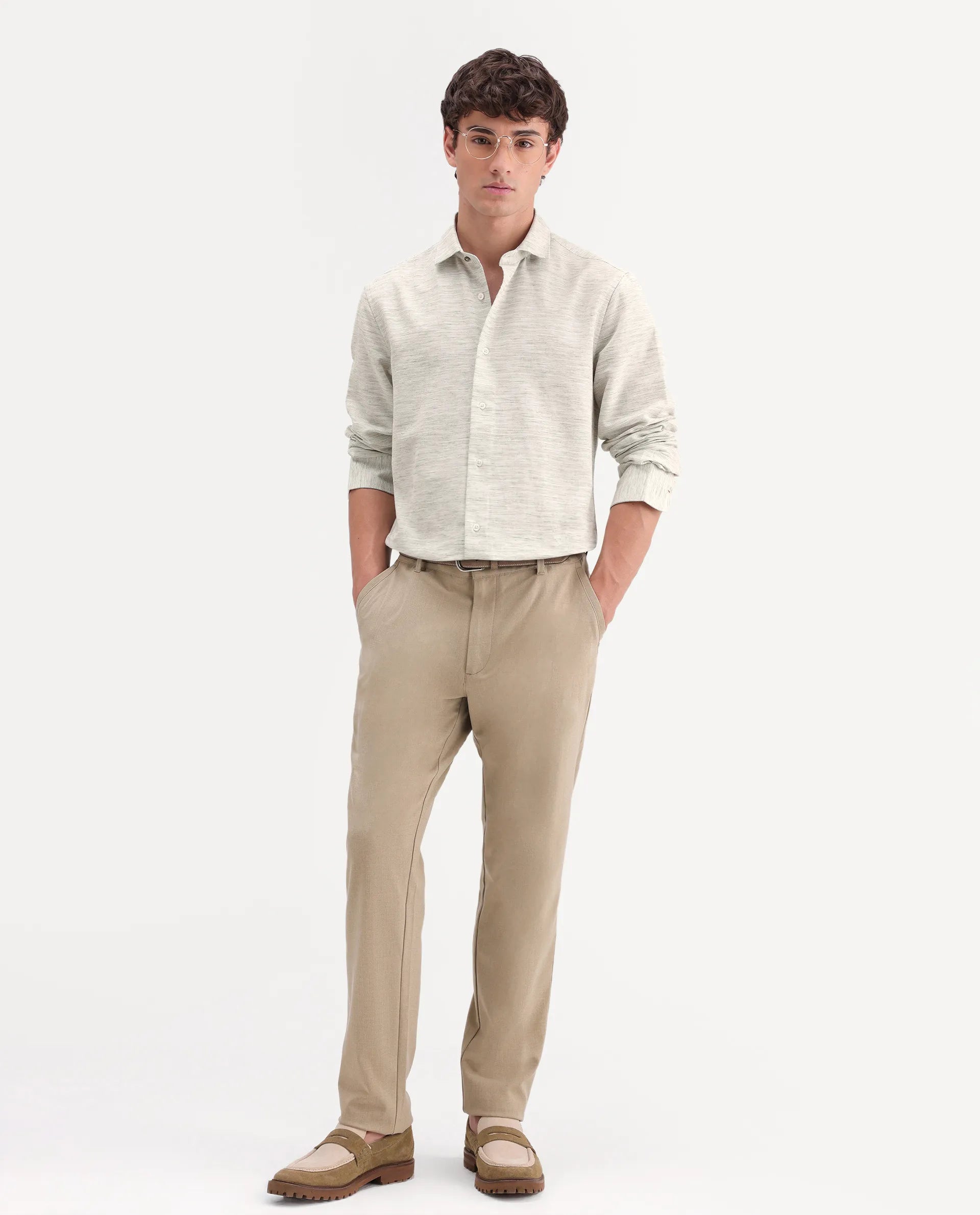 Rare Rabbit Men's Frit Dusky Green Linen Blend Fabric Full Sleeve Regular Fit Textured Shirt