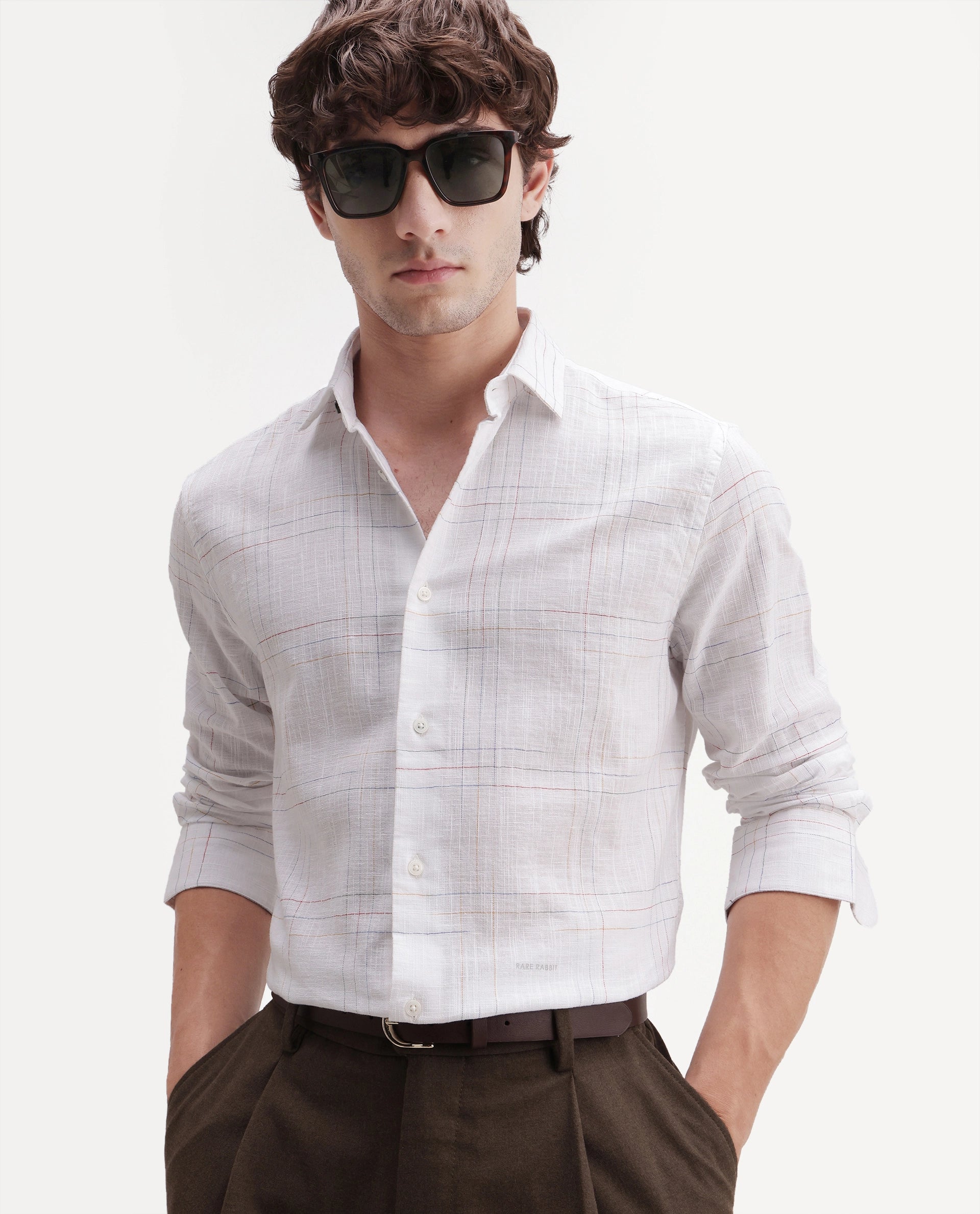 Rare Rabbit Men's Jared Off White Cotton Blend Fabric Full Sleeve Spread Collar Button Regular Fit Checked Shirt