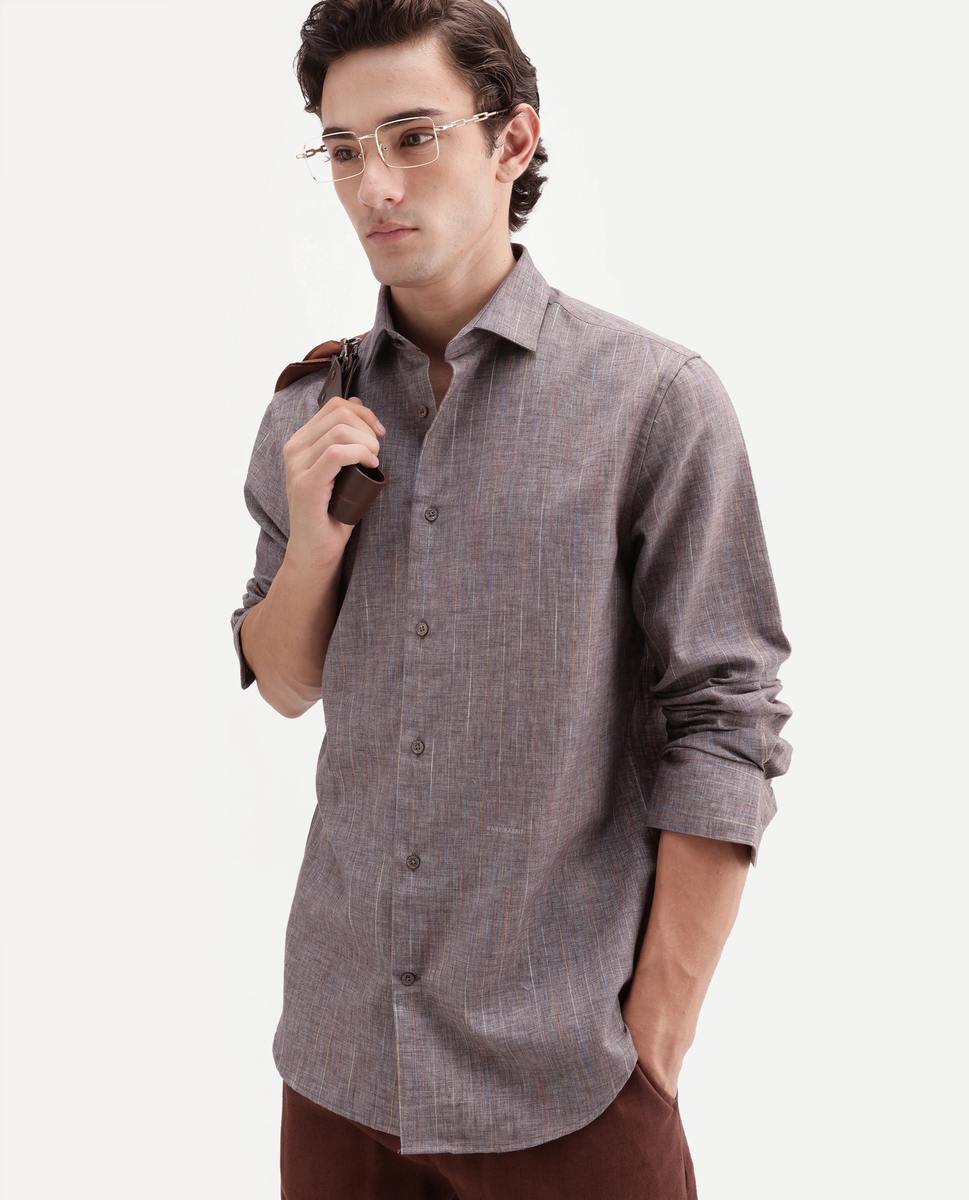 Rare Rabbit Men's Terah Dusky Brown Cotton Blend Fabric Full Sleeve Regular Fit Shirt