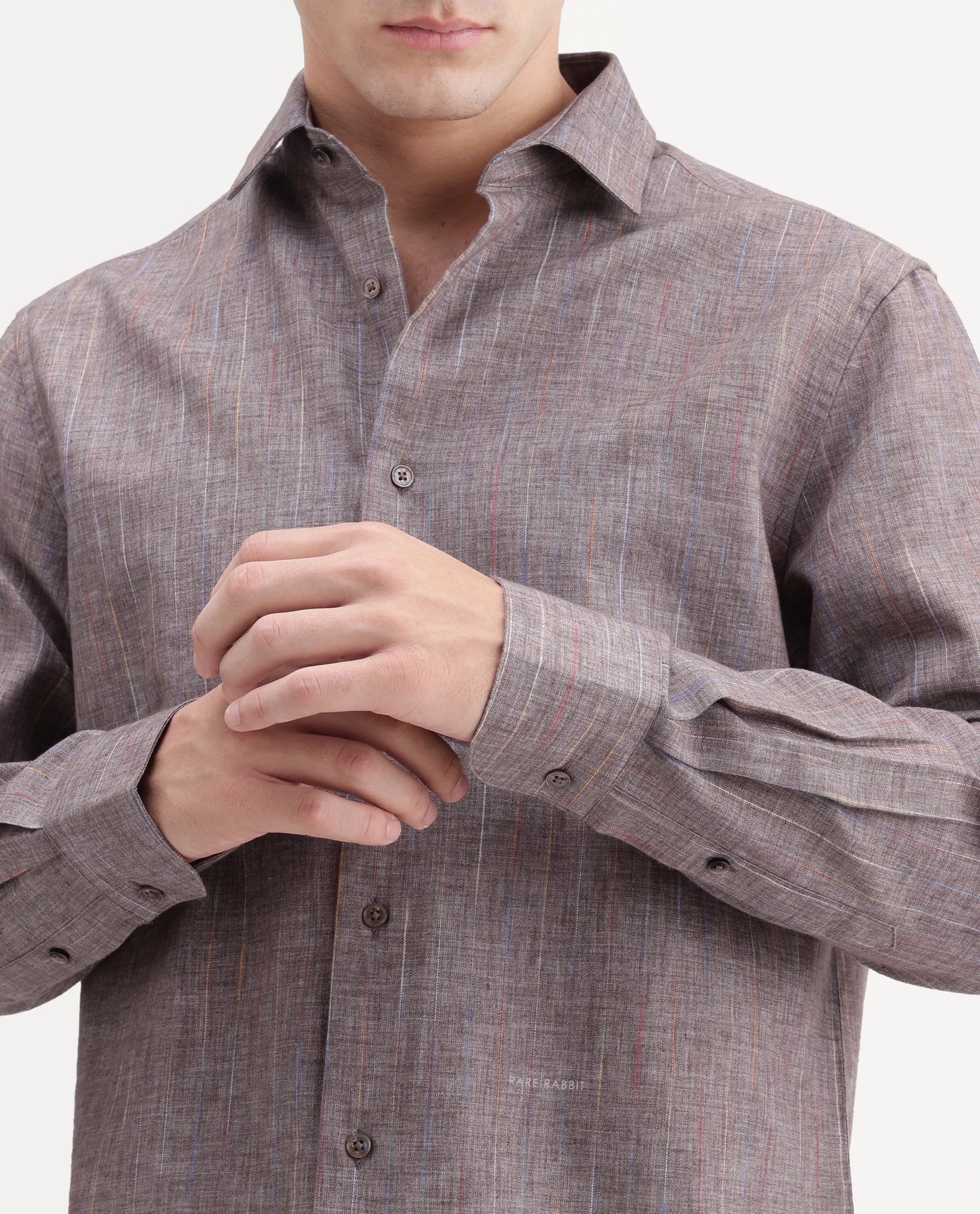 Rare Rabbit Men's Terah Dusky Brown Cotton Blend Fabric Full Sleeve Regular Fit Shirt