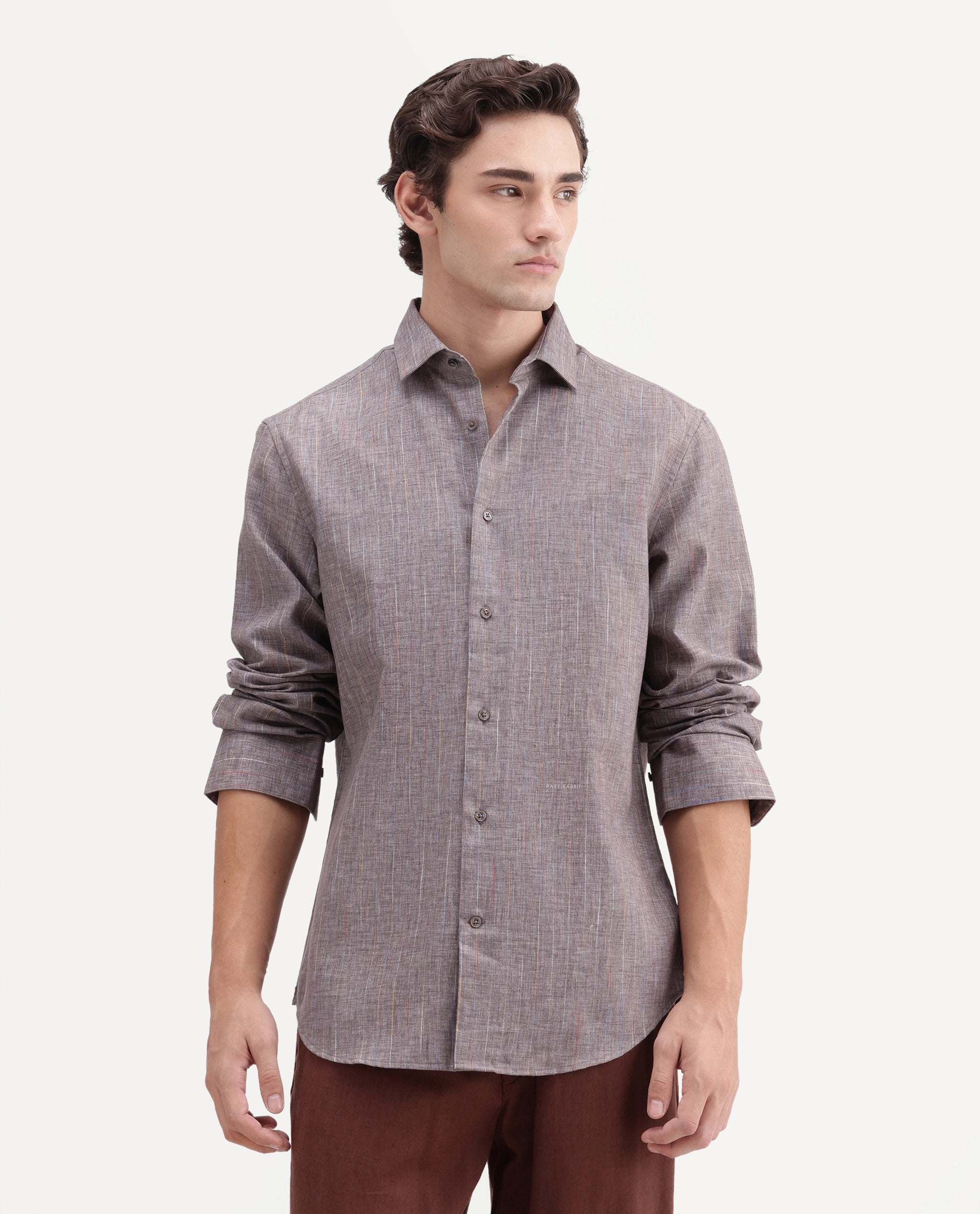Rare Rabbit Men's Terah Dusky Brown Cotton Blend Fabric Full Sleeve Regular Fit Shirt