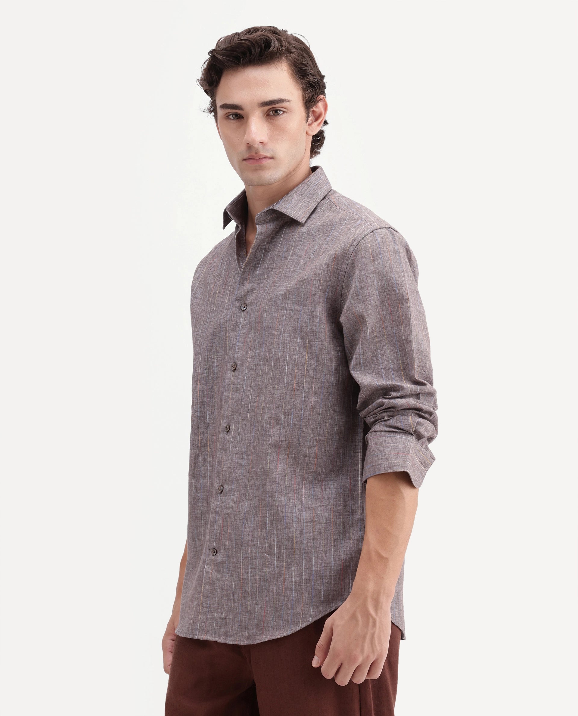 Rare Rabbit Men's Terah Dusky Brown Cotton Blend Fabric Full Sleeve Regular Fit Shirt