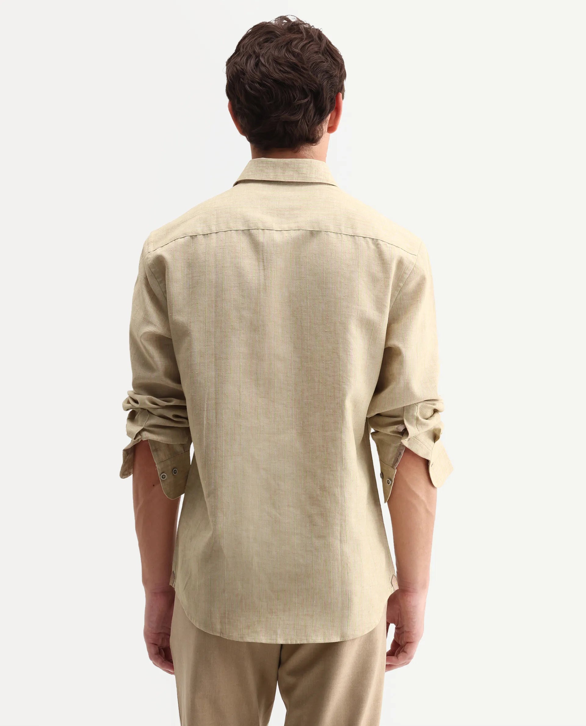 Rare Rabbit Men's Nimrod Flouroscent Green Cotton Blend Fabric Full Sleeve Regular Fit Striped Shirt