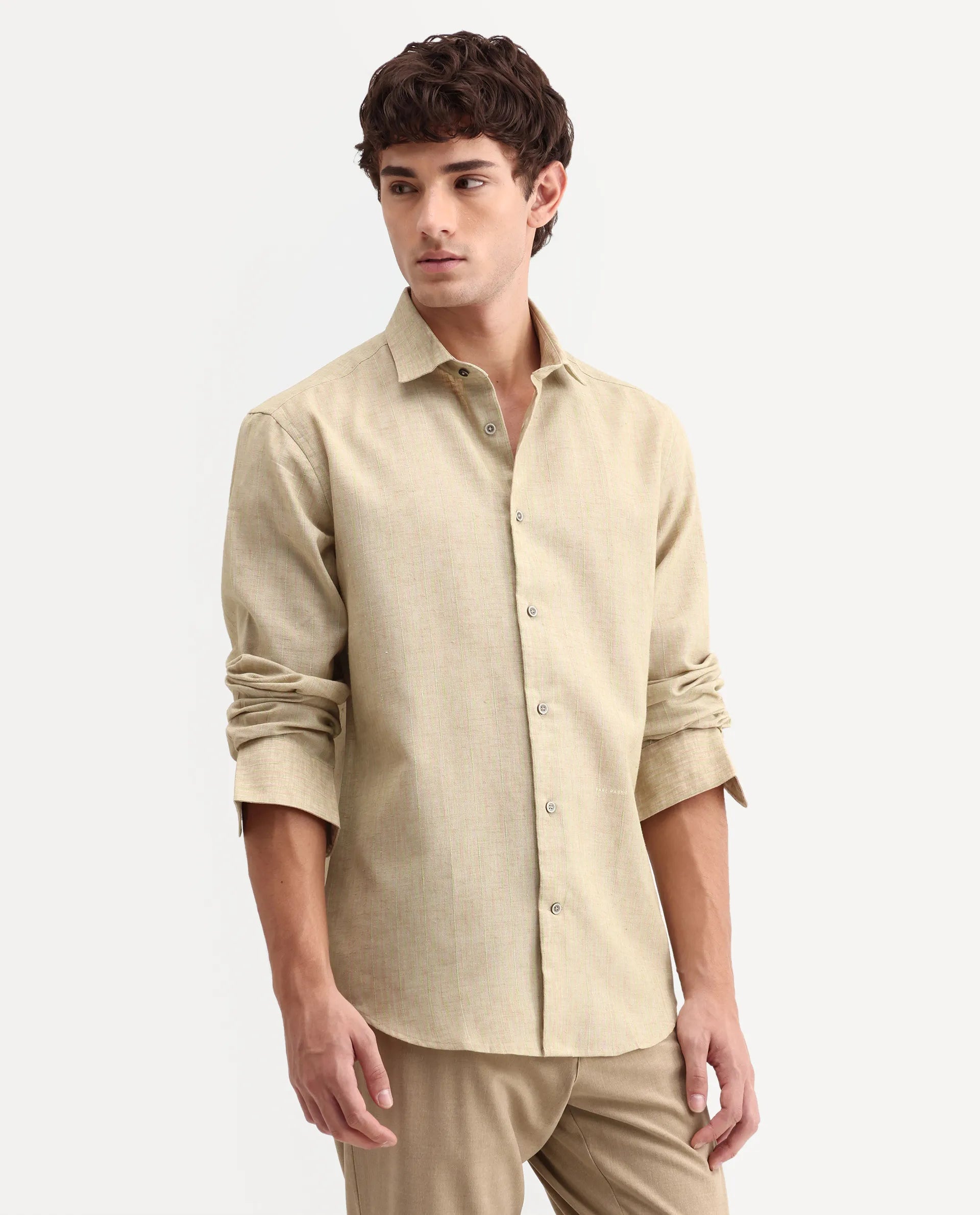 Rare Rabbit Men's Nimrod Flouroscent Green Cotton Blend Fabric Full Sleeve Regular Fit Striped Shirt