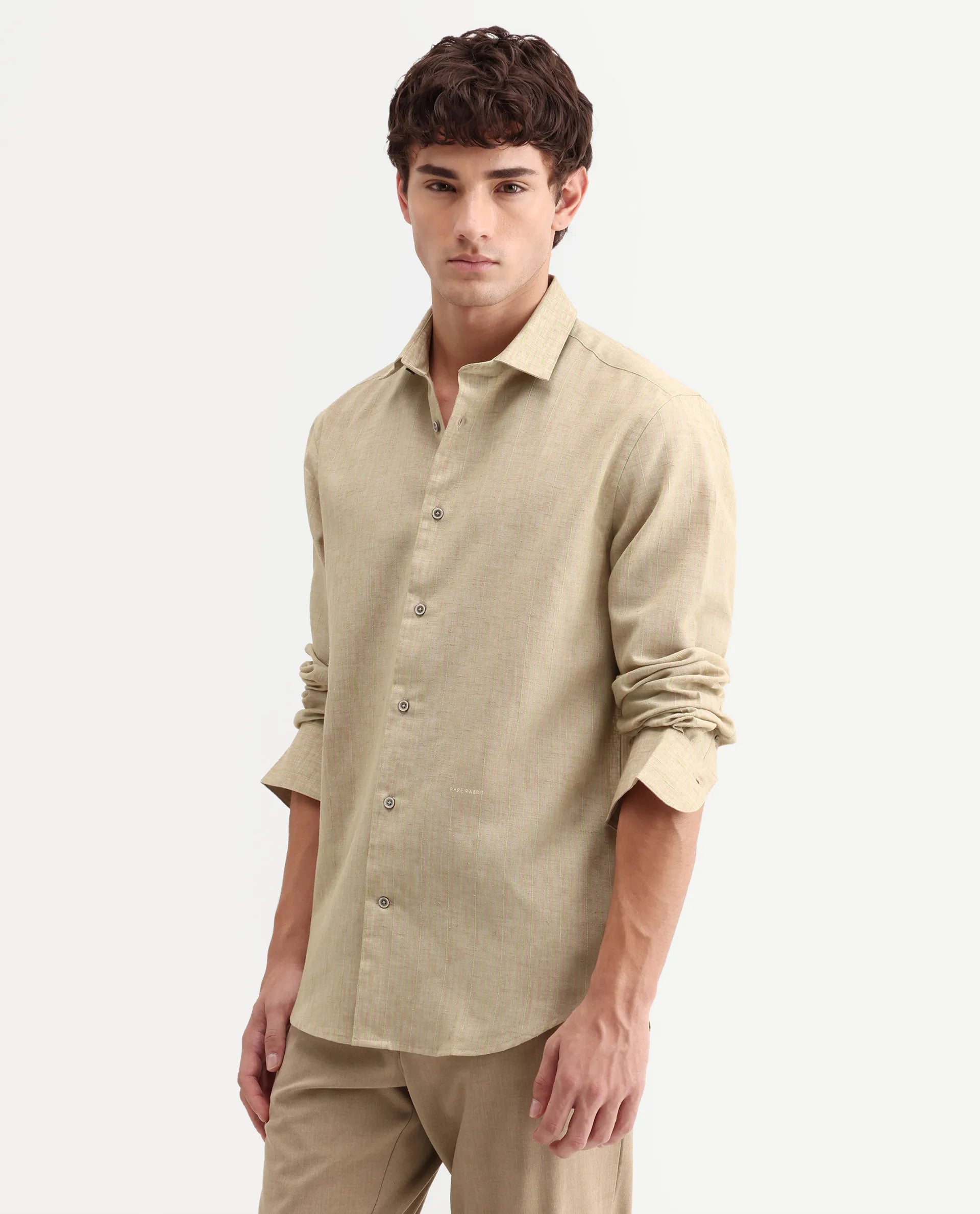 Rare Rabbit Men's Nimrod Flouroscent Green Cotton Blend Fabric Full Sleeve Regular Fit Striped Shirt