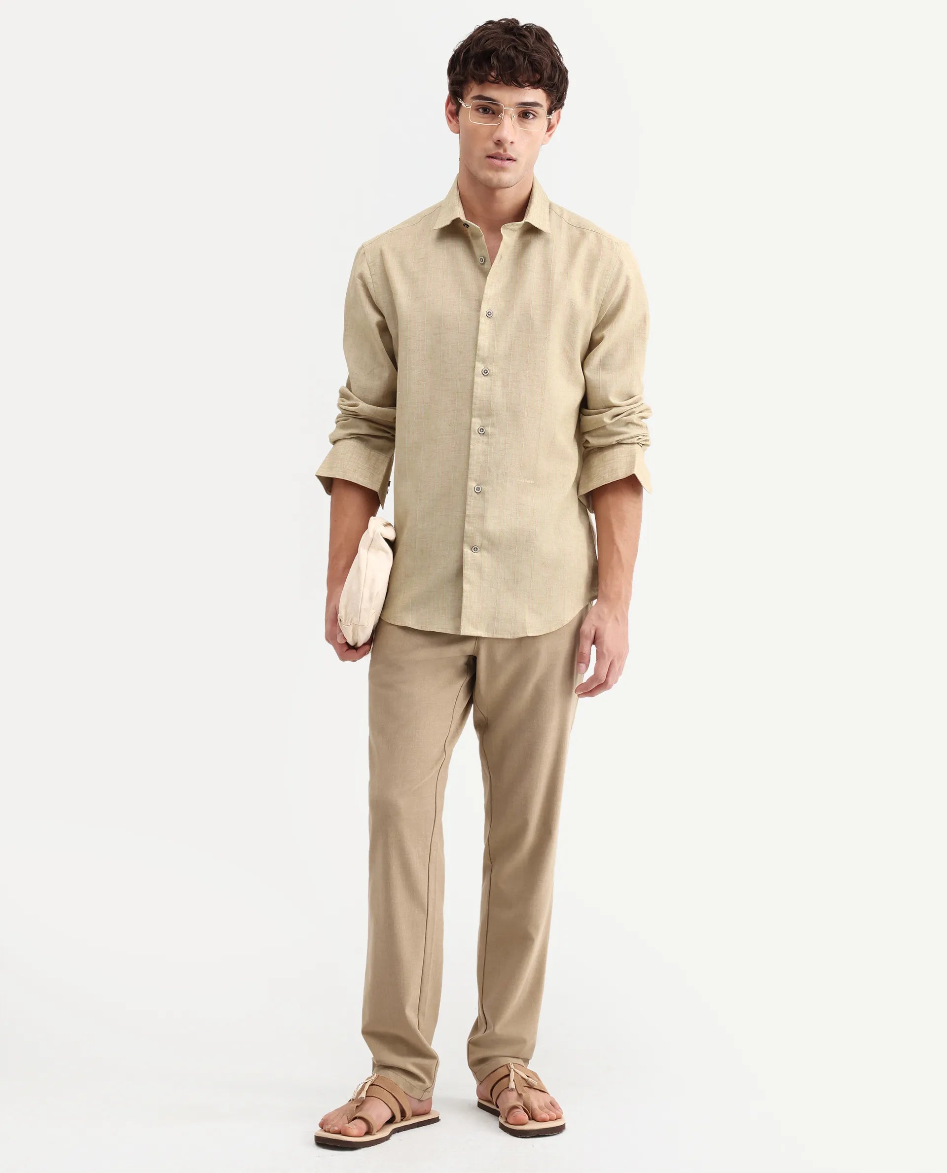 Rare Rabbit Men's Nimrod Flouroscent Green Cotton Blend Fabric Full Sleeve Regular Fit Striped Shirt
