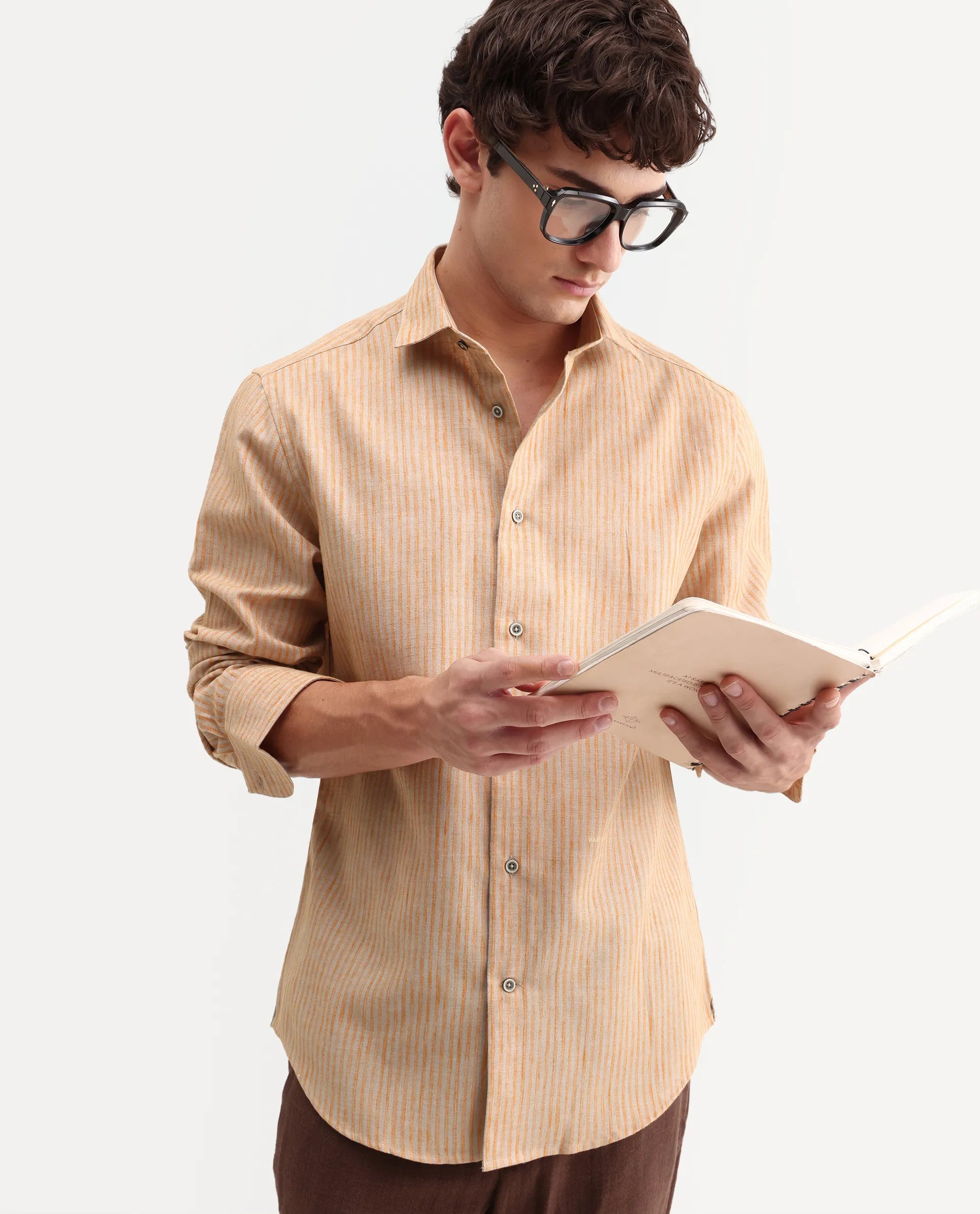 Rare Rabbit Men's Nimrod Flouroscent Orange Cotton Blend Fabric Full Sleeve Regular Fit Striped Shirt