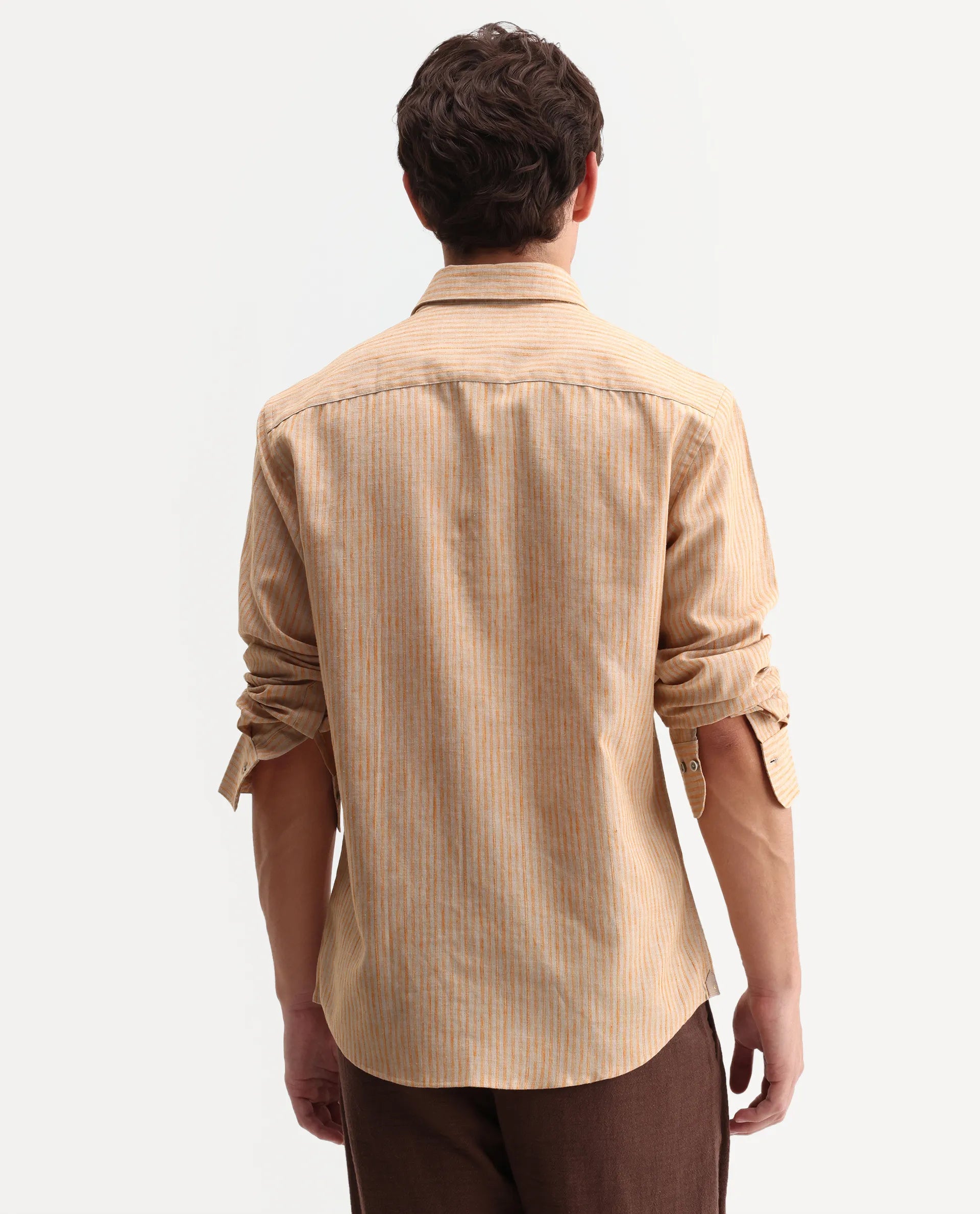 Rare Rabbit Men's Nimrod Flouroscent Orange Cotton Blend Fabric Full Sleeve Regular Fit Striped Shirt