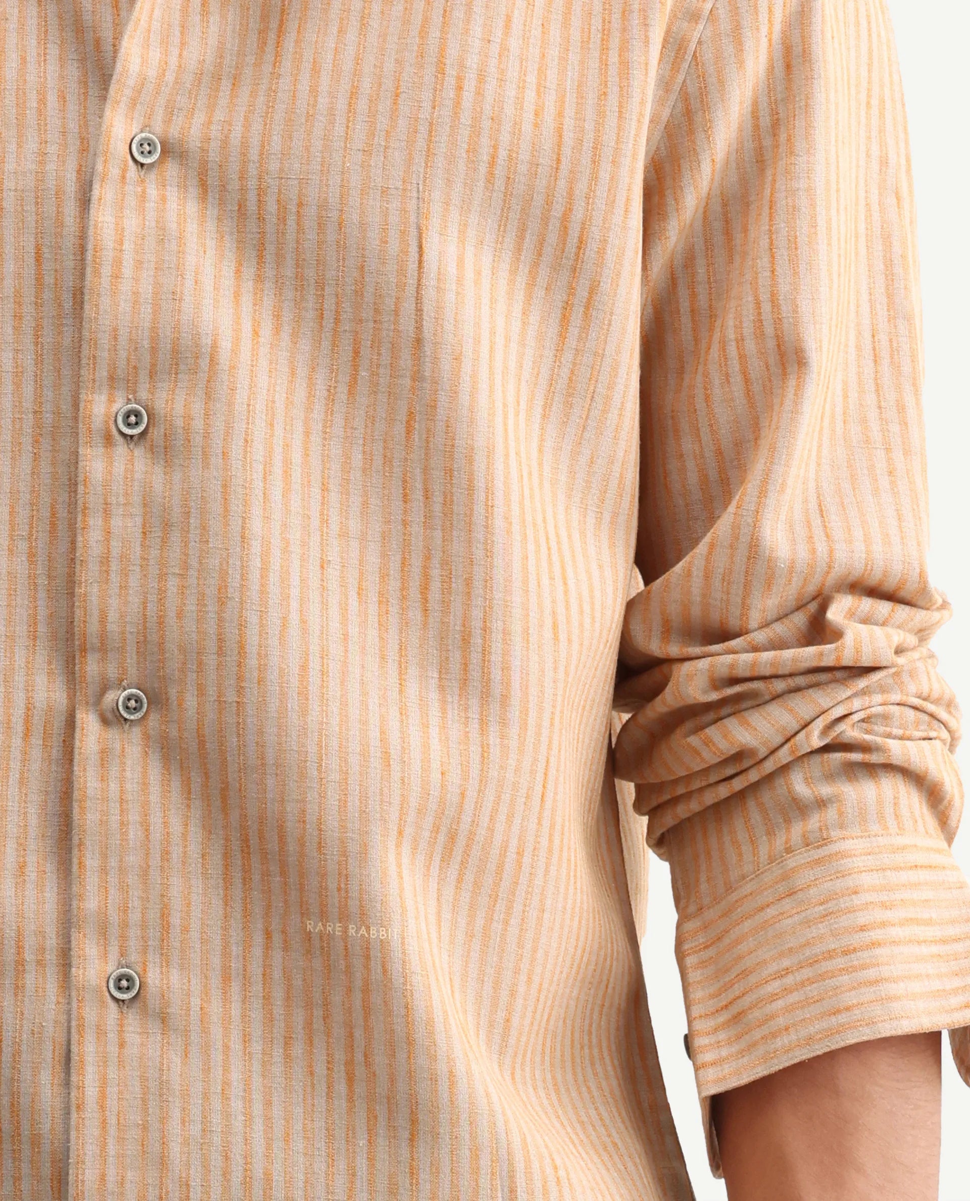 Rare Rabbit Men's Nimrod Flouroscent Orange Cotton Blend Fabric Full Sleeve Regular Fit Striped Shirt