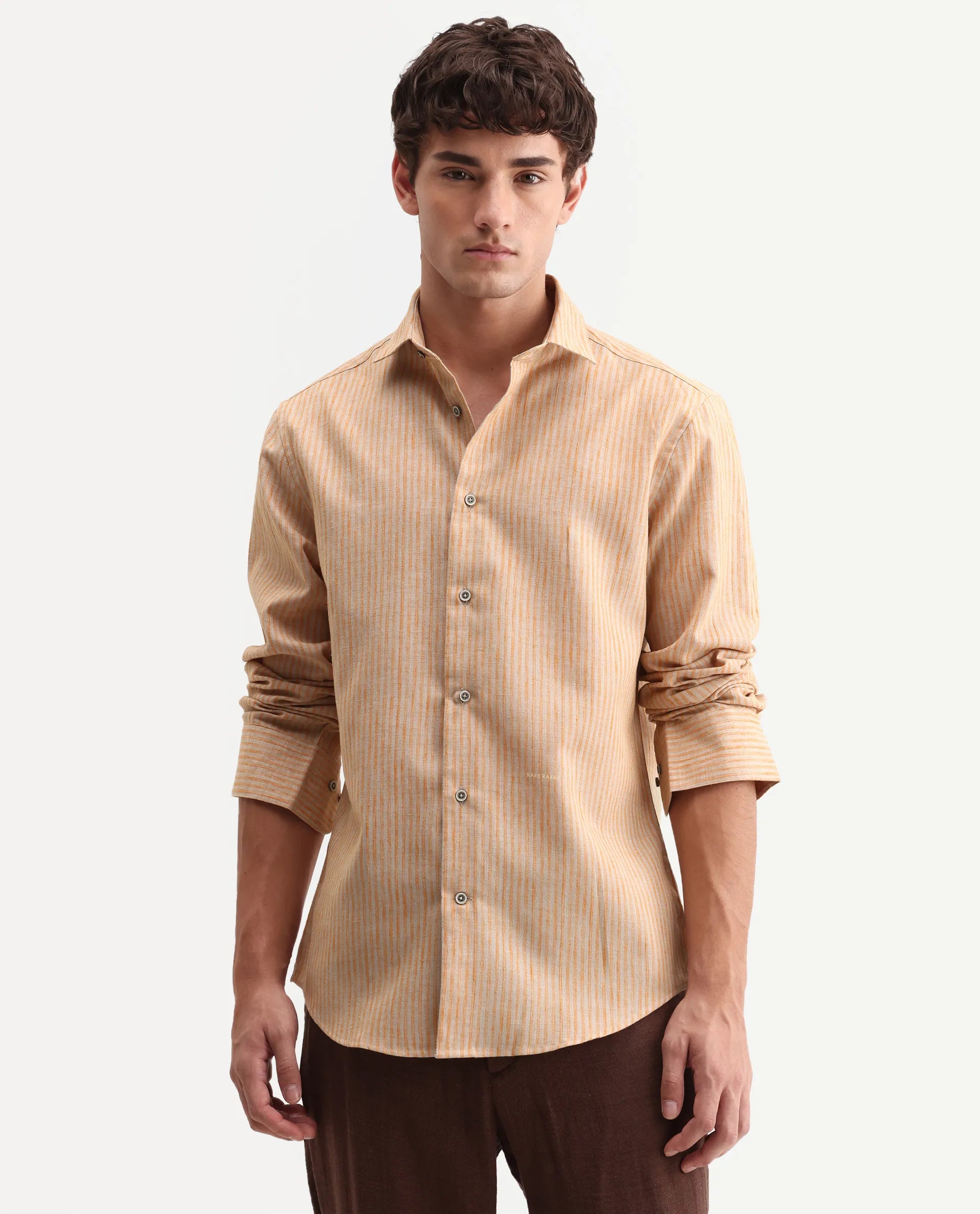Rare Rabbit Men's Nimrod Flouroscent Orange Cotton Blend Fabric Full Sleeve Regular Fit Striped Shirt