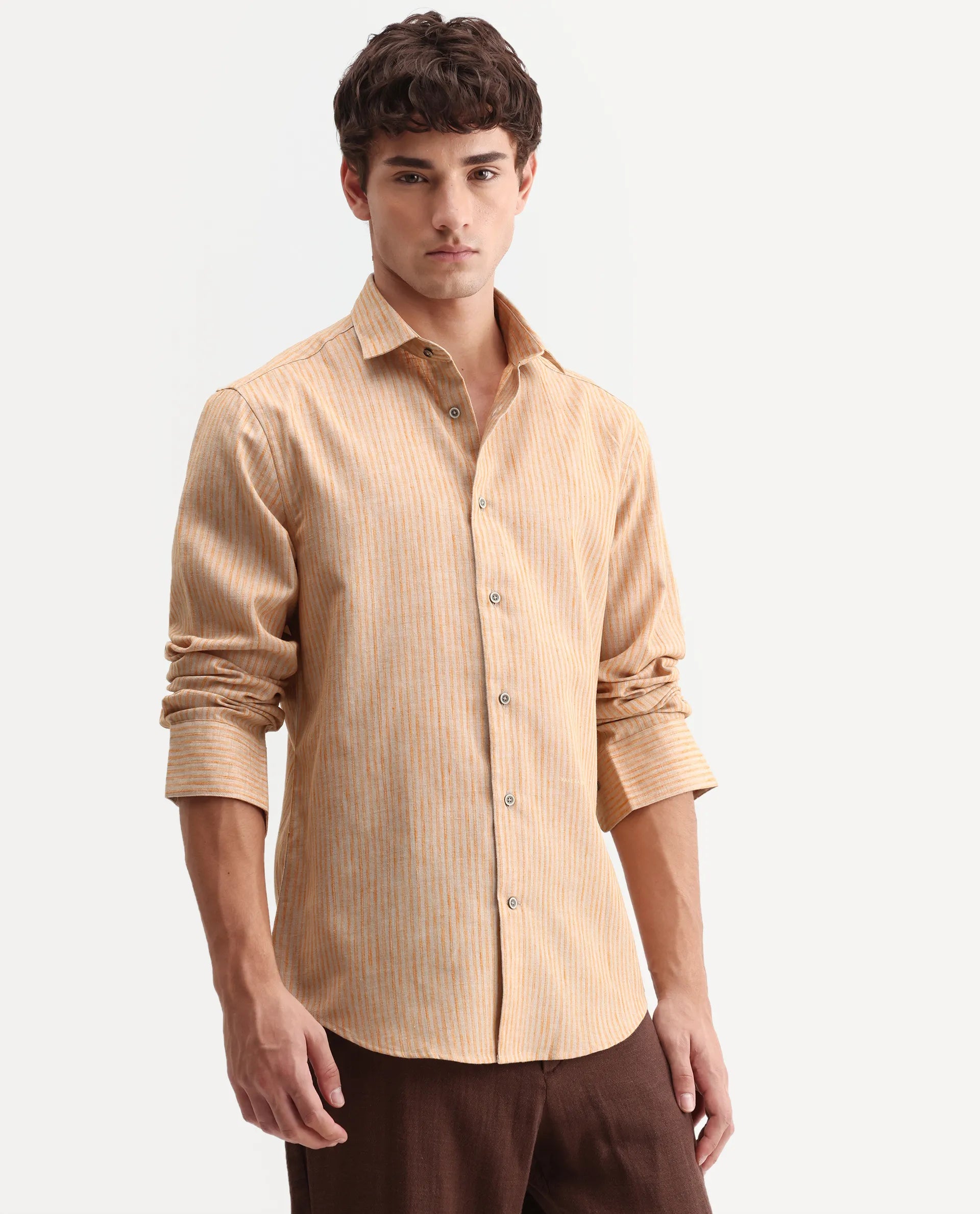 Rare Rabbit Men's Nimrod Flouroscent Orange Cotton Blend Fabric Full Sleeve Regular Fit Striped Shirt