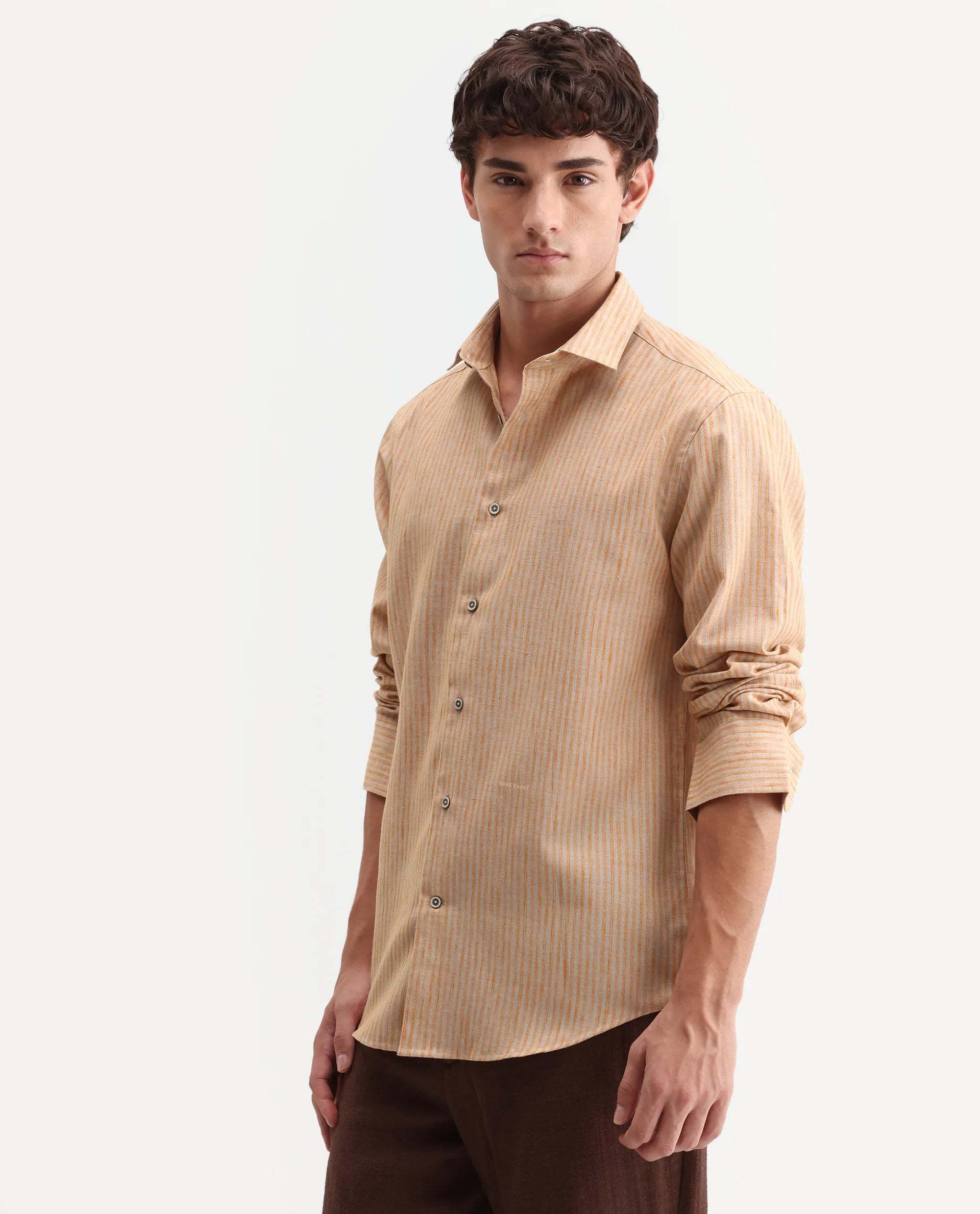 Rare Rabbit Men's Nimrod Flouroscent Orange Cotton Blend Fabric Full Sleeve Regular Fit Striped Shirt