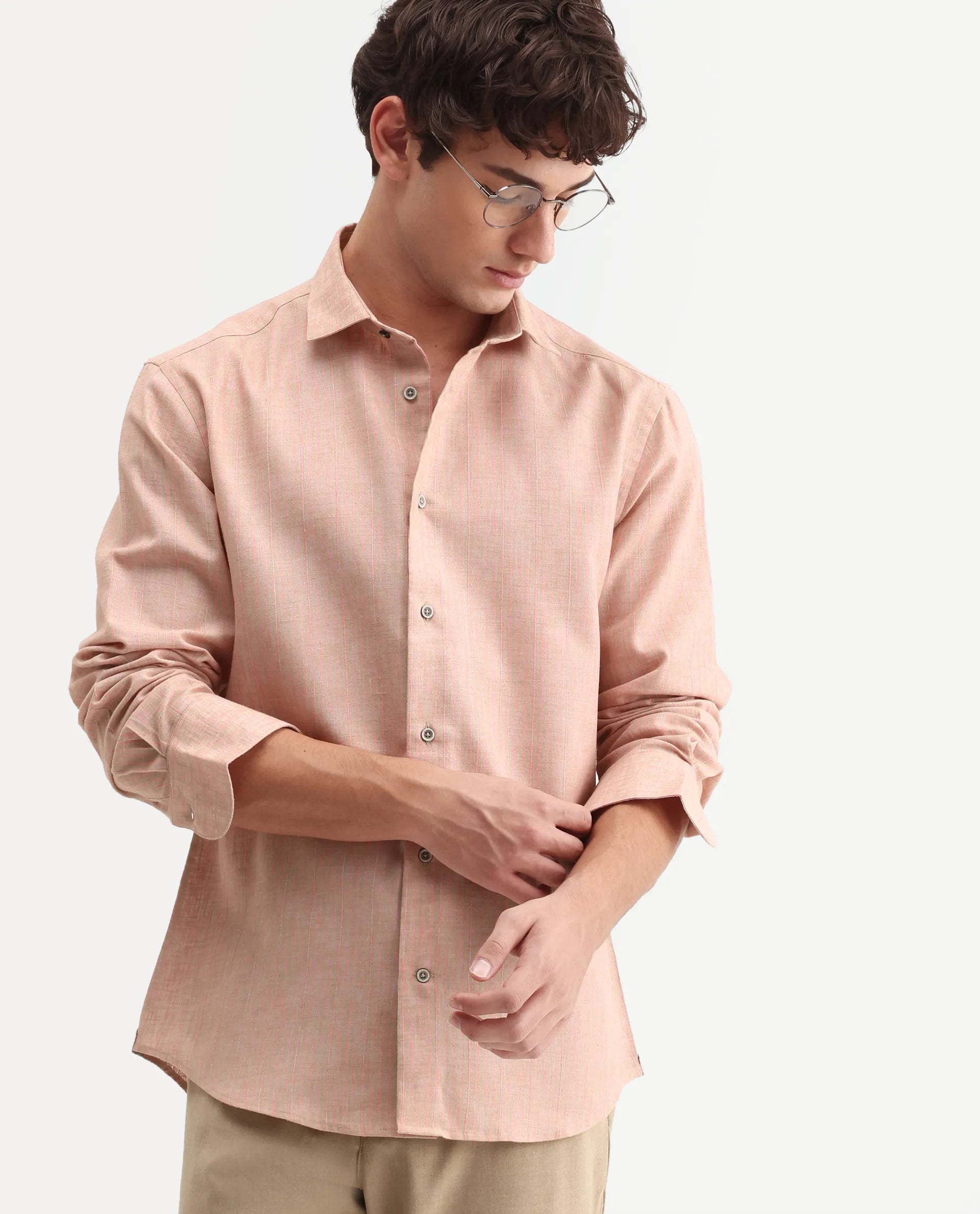 Rare Rabbit Men's Nimrod Flouroscent Pink Cotton Blend Fabric Full Sleeve Regular Fit Striped Shirt