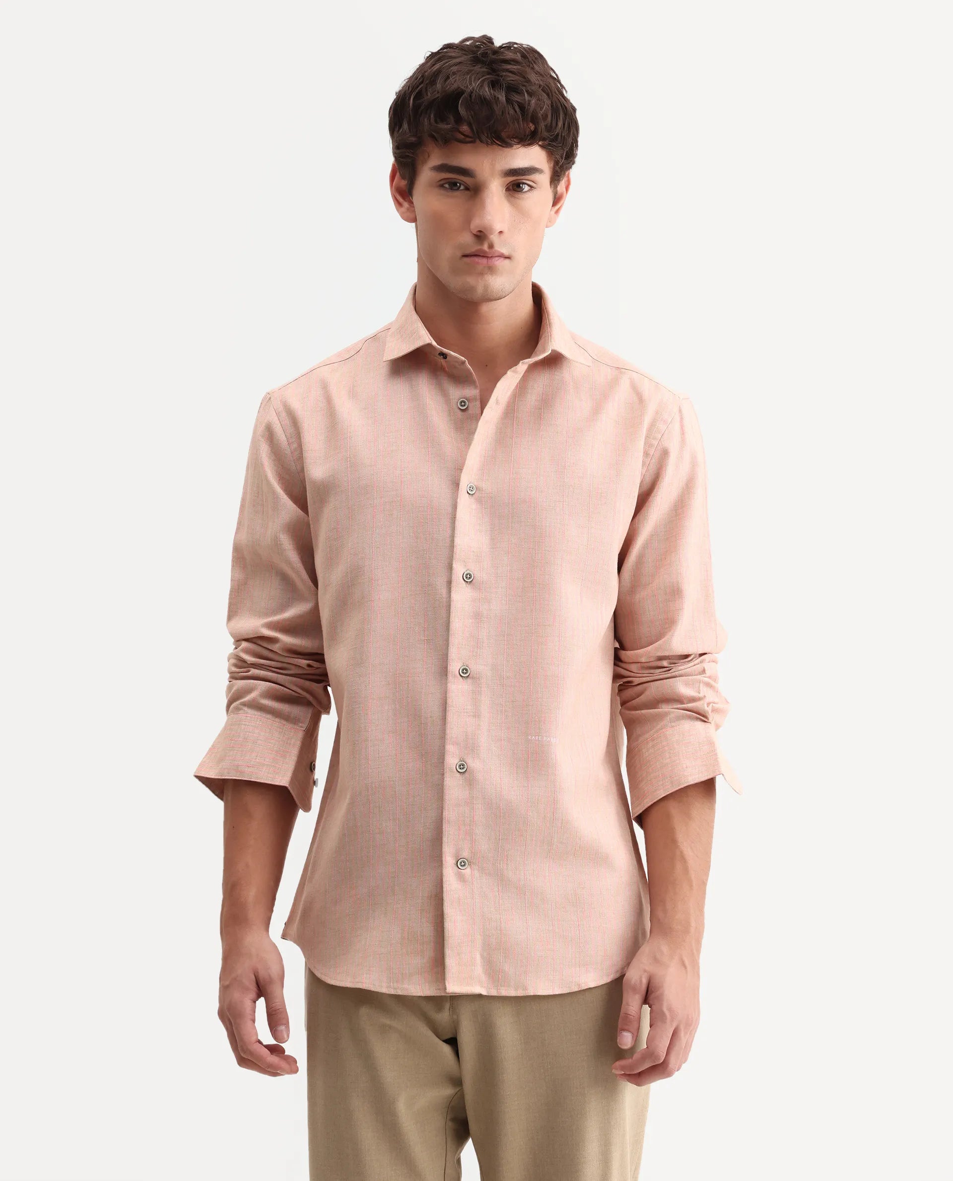 Rare Rabbit Men's Nimrod Flouroscent Pink Cotton Blend Fabric Full Sleeve Regular Fit Striped Shirt