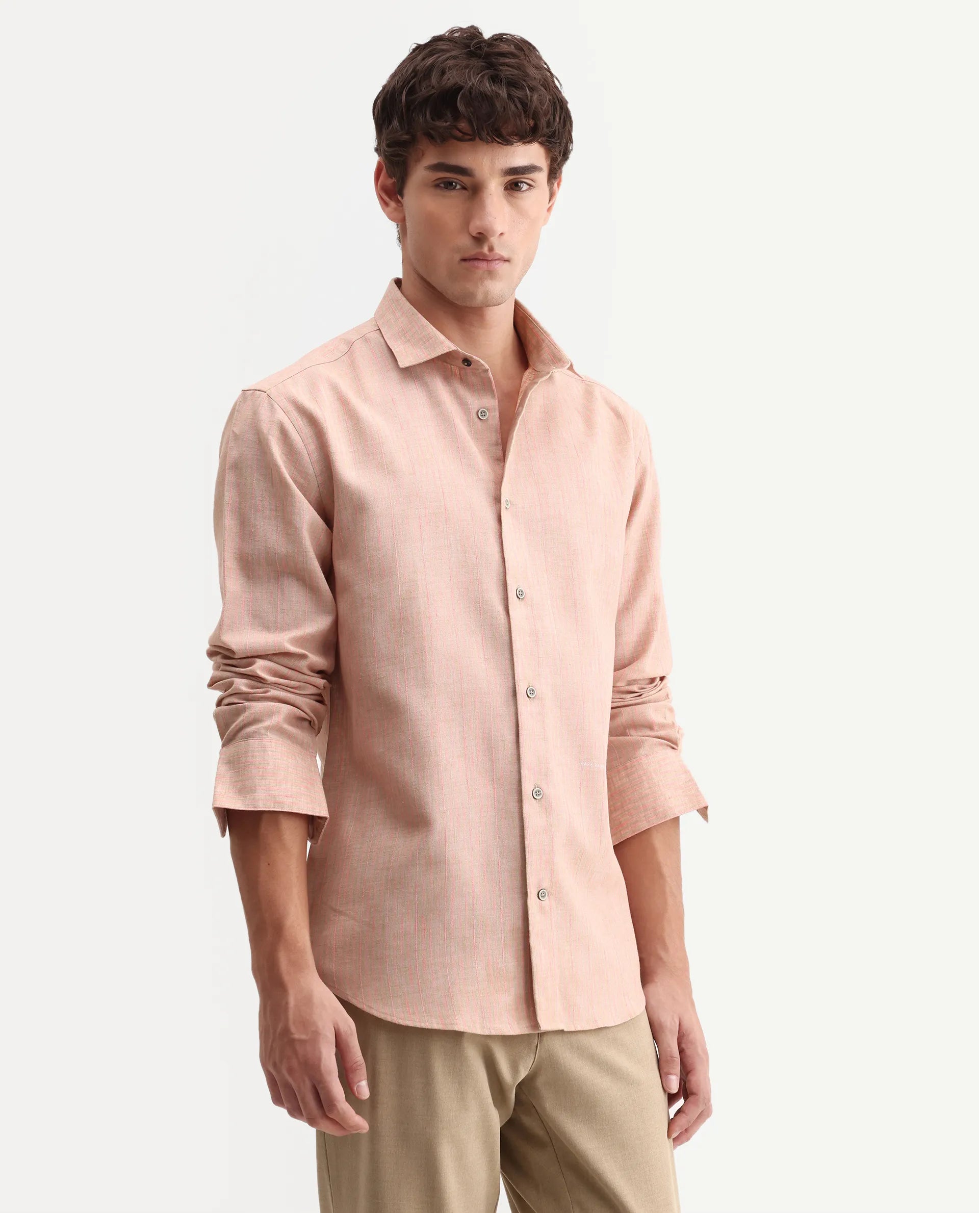 Rare Rabbit Men's Nimrod Flouroscent Pink Cotton Blend Fabric Full Sleeve Regular Fit Striped Shirt