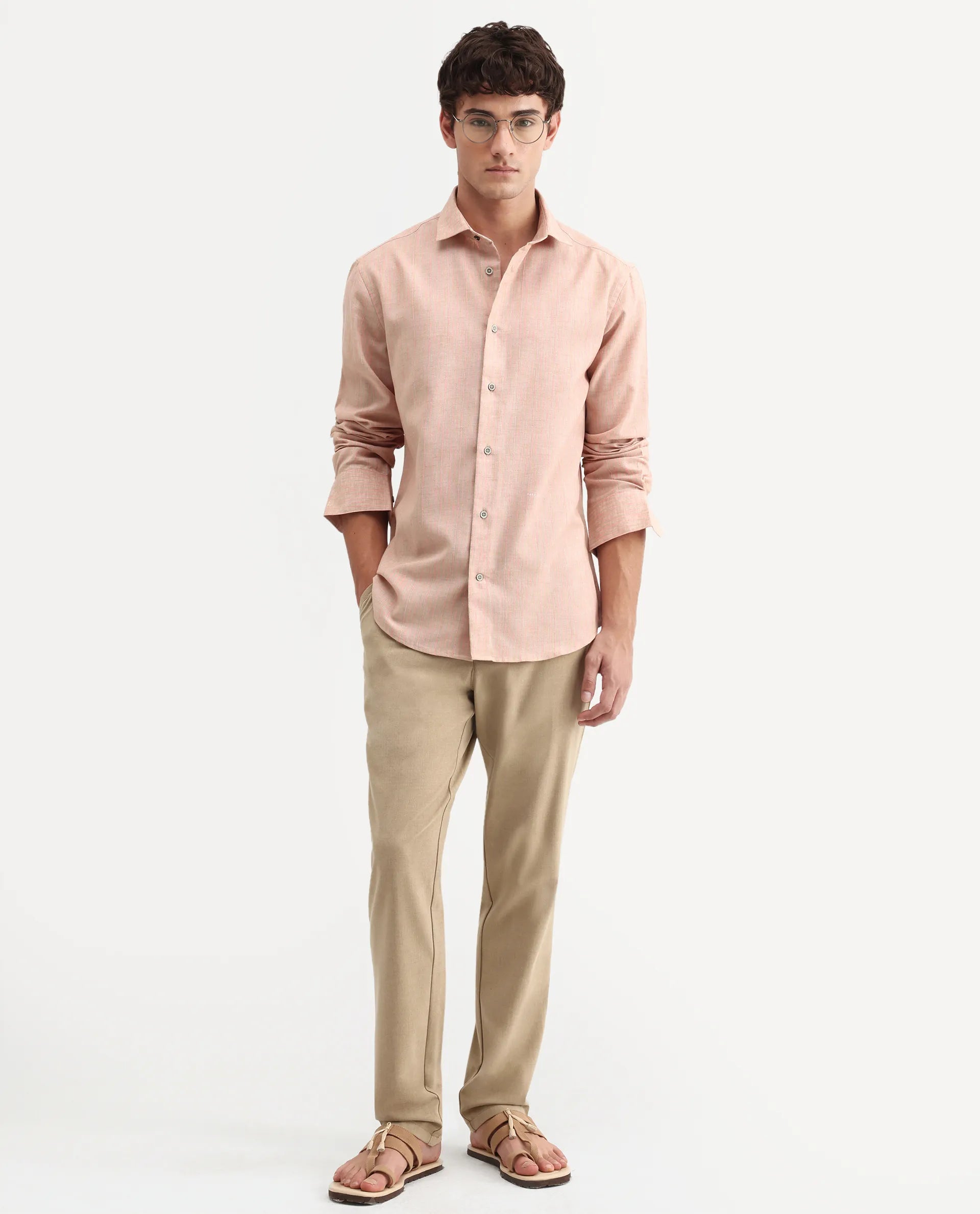 Rare Rabbit Men's Nimrod Flouroscent Pink Cotton Blend Fabric Full Sleeve Regular Fit Striped Shirt