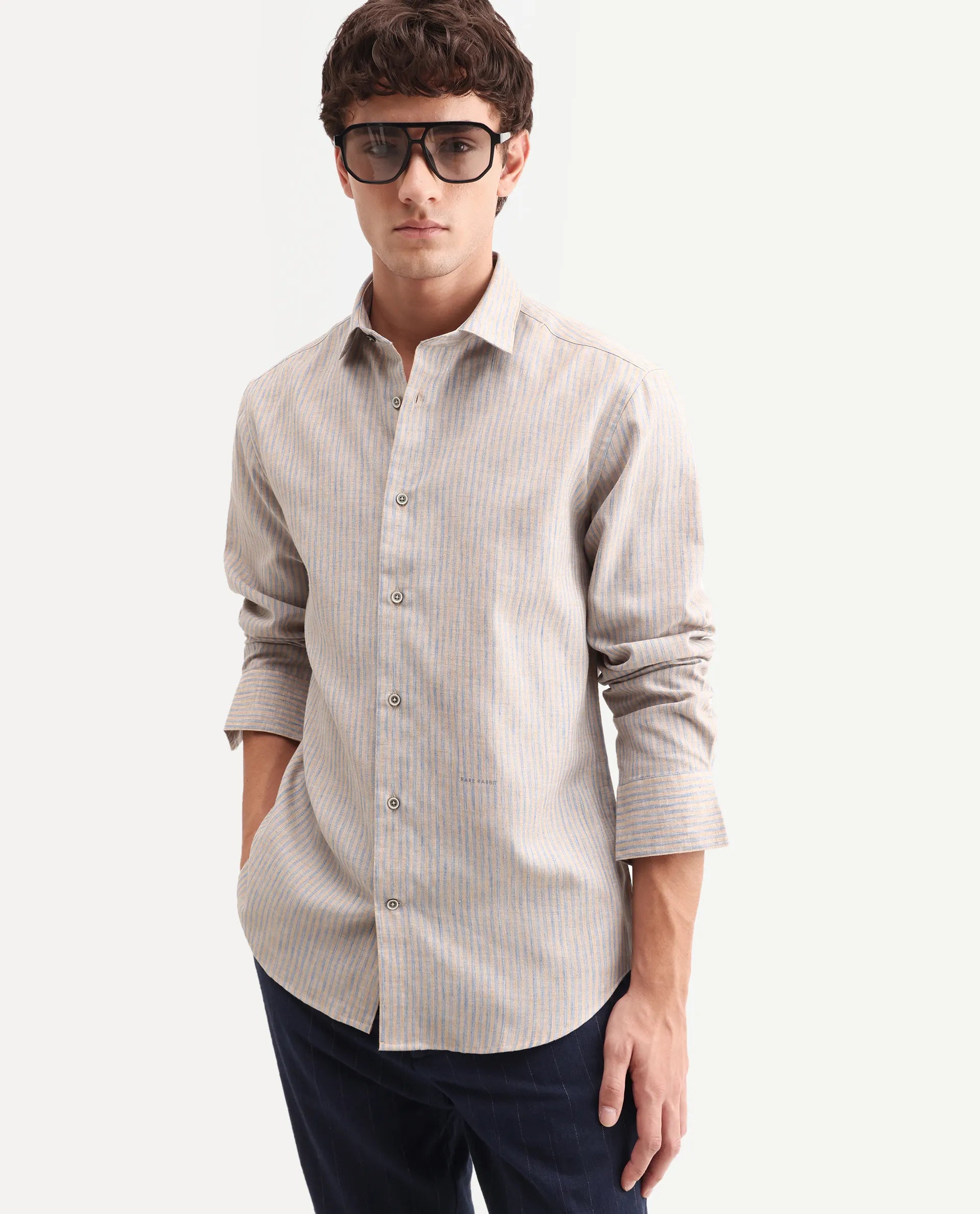 Rare Rabbit Men's Nimrod Flouroscent Blue Cotton Blend Fabric Full Sleeve Regular Fit Striped Shirt