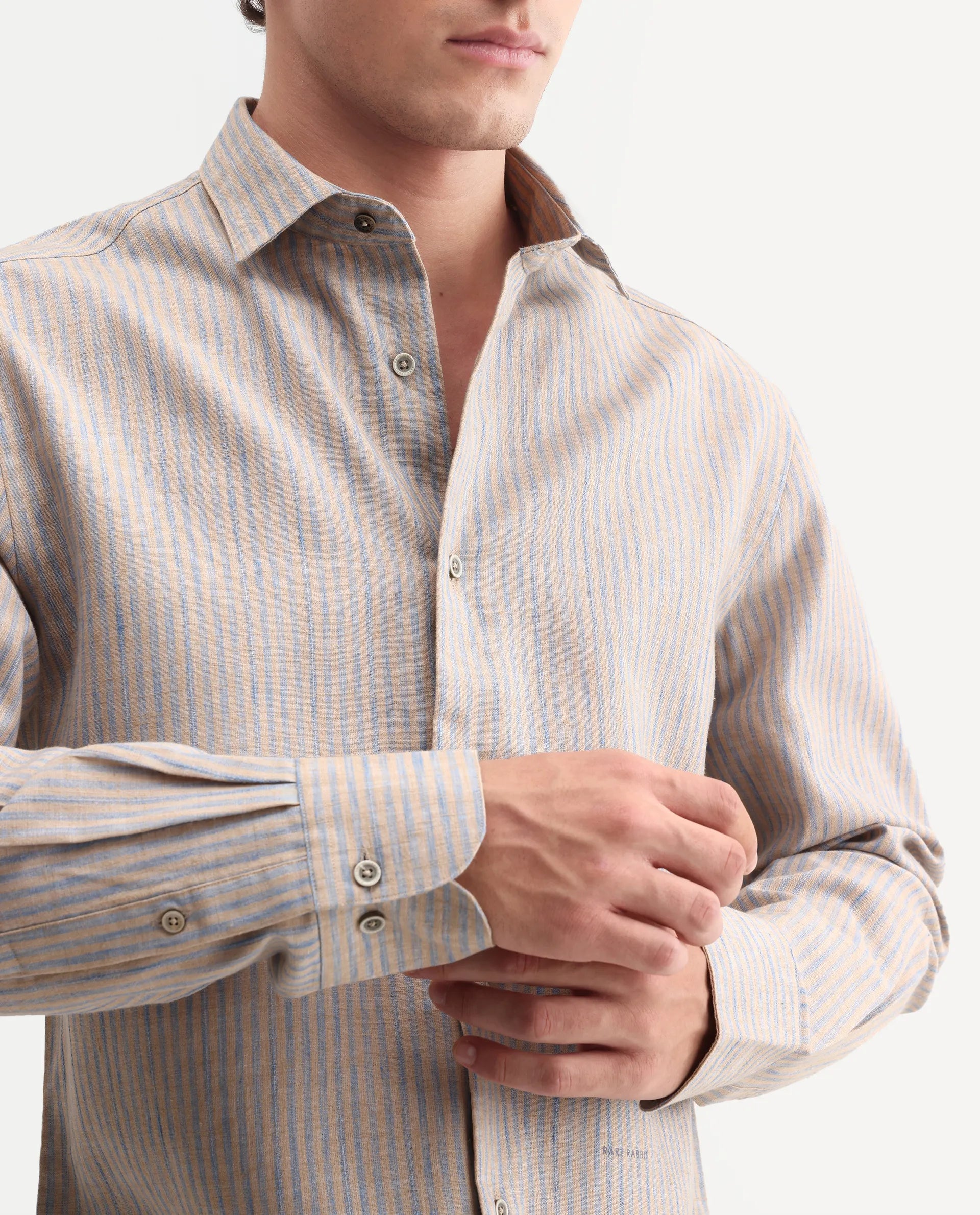 Rare Rabbit Men's Nimrod Flouroscent Blue Cotton Blend Fabric Full Sleeve Regular Fit Striped Shirt
