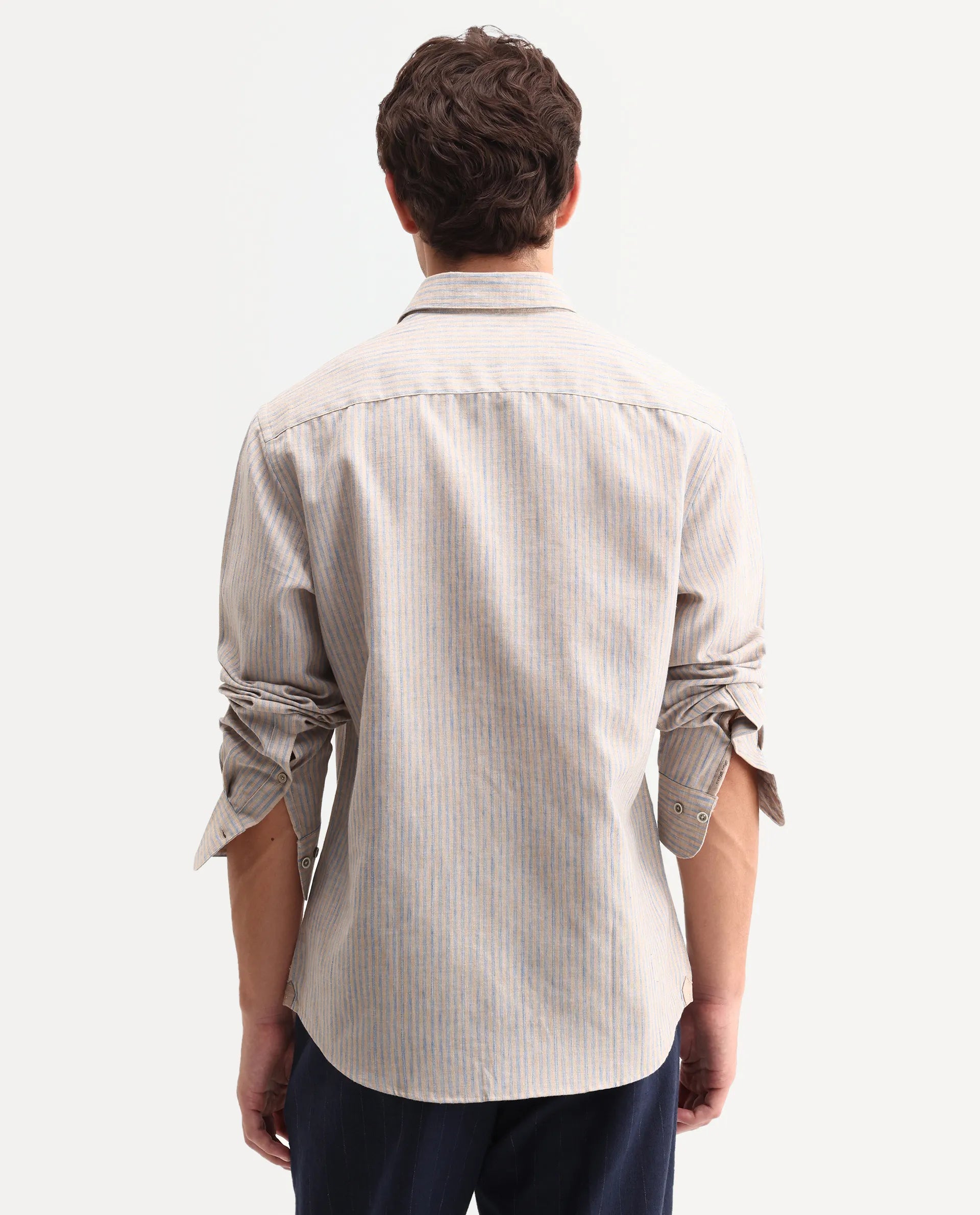Rare Rabbit Men's Nimrod Flouroscent Blue Cotton Blend Fabric Full Sleeve Regular Fit Striped Shirt