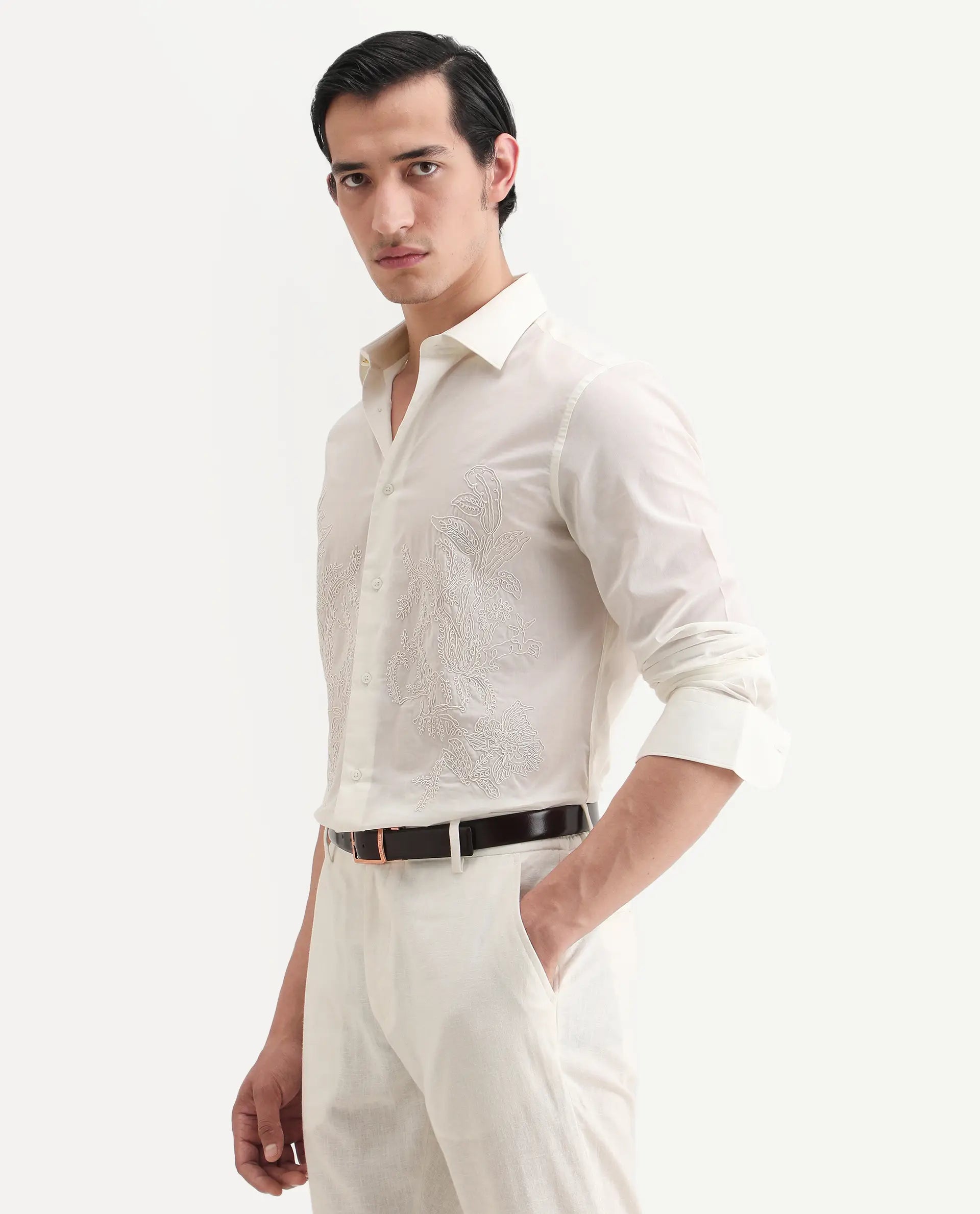 Rare Rabbit Men's Dori Off White Cotton Fabric Full Sleeves Collared Neck Button Closure Embroidered Shirt