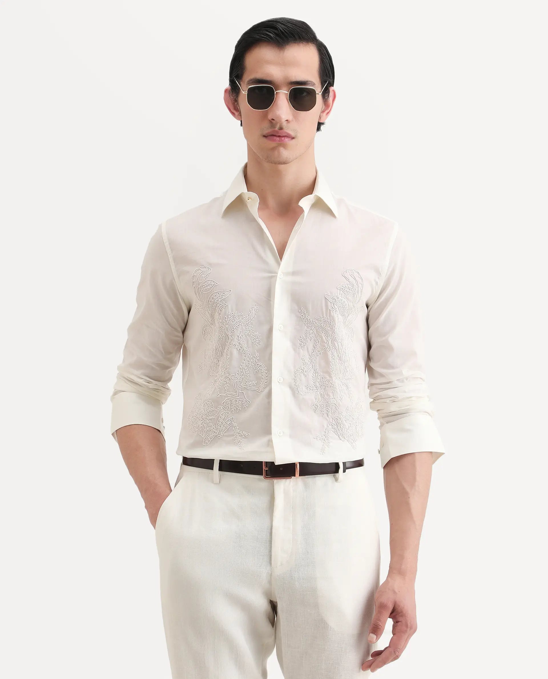 Rare Rabbit Men's Dori Off White Cotton Fabric Full Sleeves Collared Neck Button Closure Embroidered Shirt