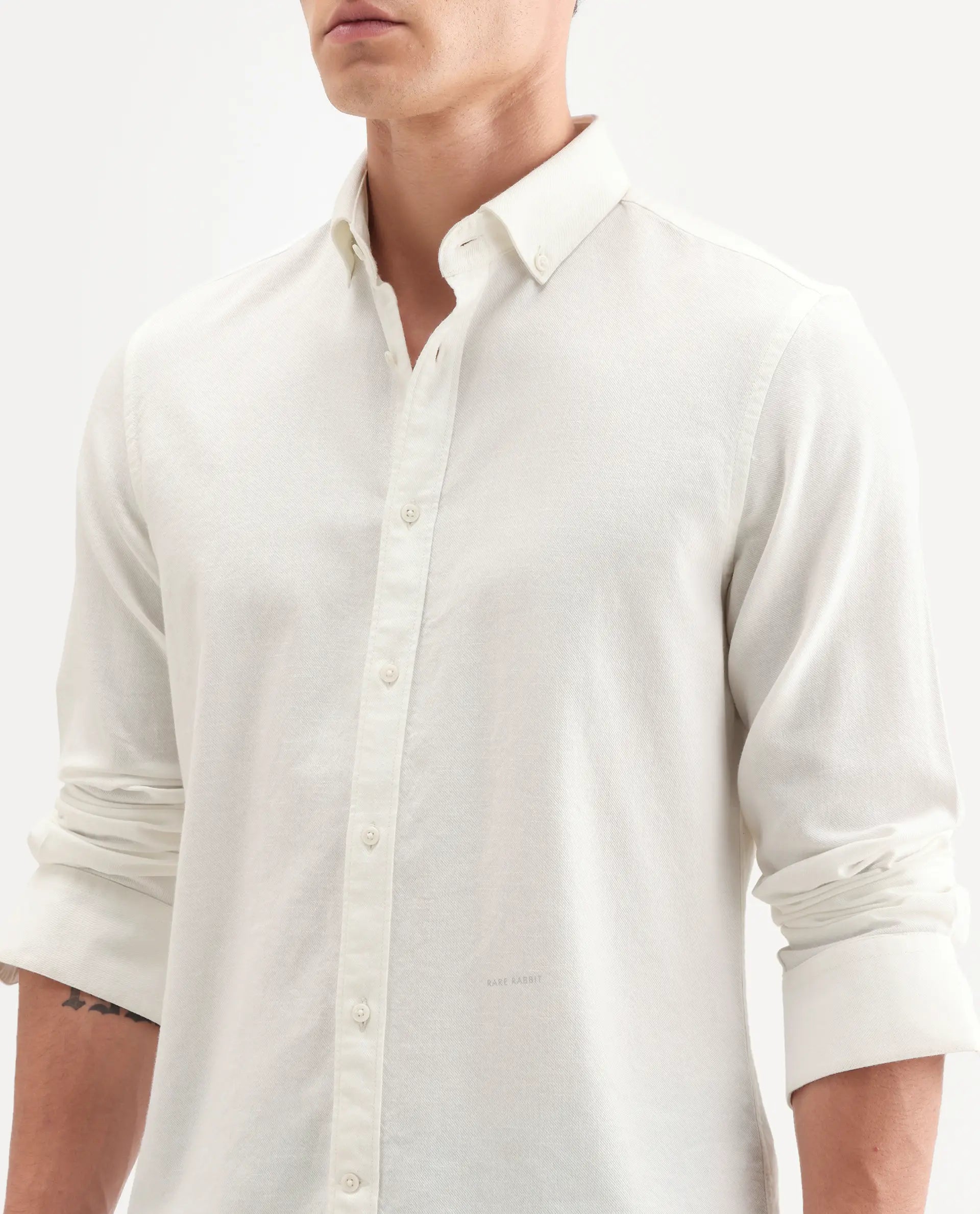 Rare Rabbit Men's Hax-P Off White Cotton Blend Fabric Full Sleeve Spread Collar Button Regular Plain Shirt