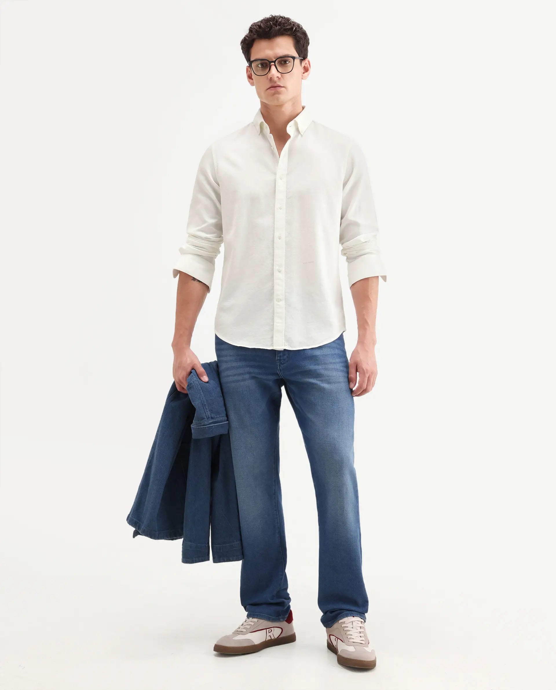 Rare Rabbit Men's Hax-P Off White Cotton Blend Fabric Full Sleeve Spread Collar Button Regular Plain Shirt
