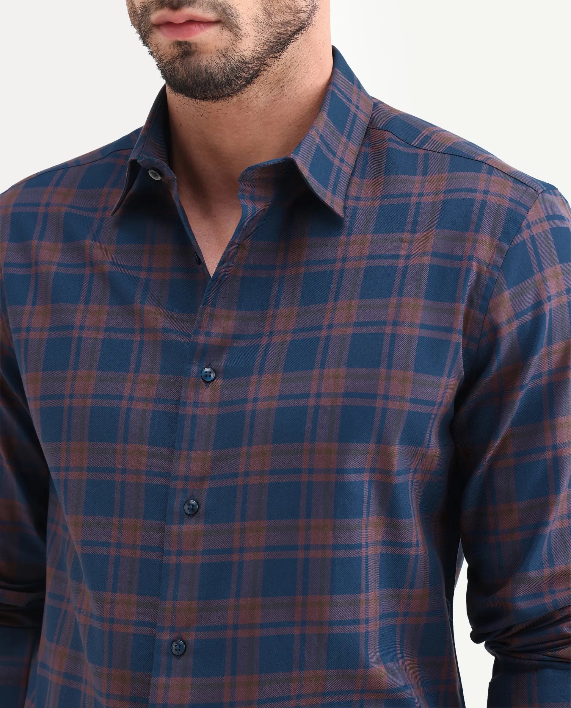 Rare Rabbit Men's Marin Navy Cotton Full Sleeve Spread Collar Regular Fit Checked Shirt